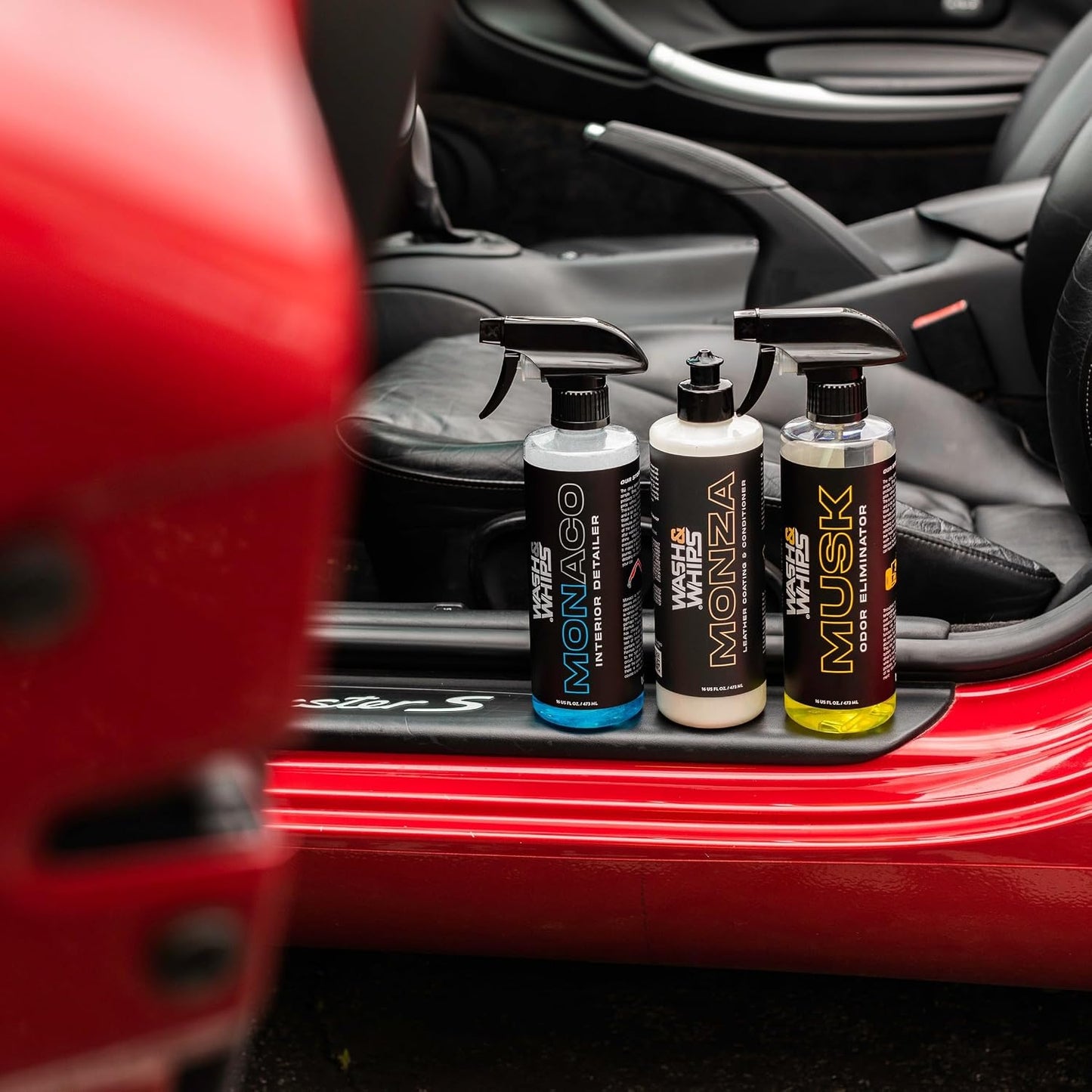 WASH&WHIPS CLEAN - Interior Car Wash Kit (Step 2) – Monaco Interior Cleaner, Musk Odor Eliminator, Monza Leather Conditioner – All-Purpose, Safe for All Surfaces, Effective for a Luxurious Finish