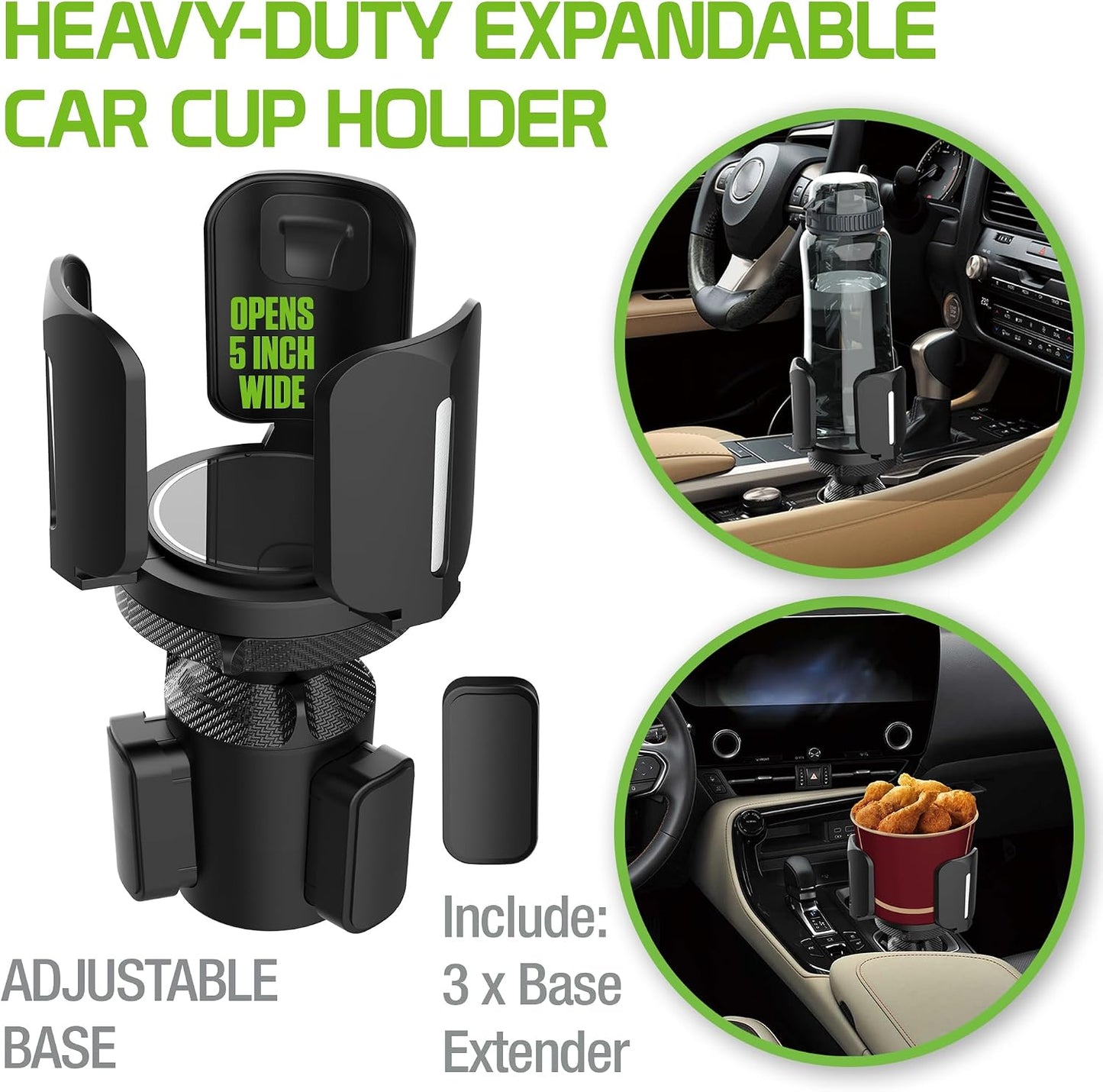 Heavy-Duty Expandable Car Cup Holder & Organizer - Universal Fit for Large Bottles, Coffee Mugs, Phones, Food - Adjustable Base & 3 Base Extenders - Car Interior Accessories for SUV, Truck, Sedan