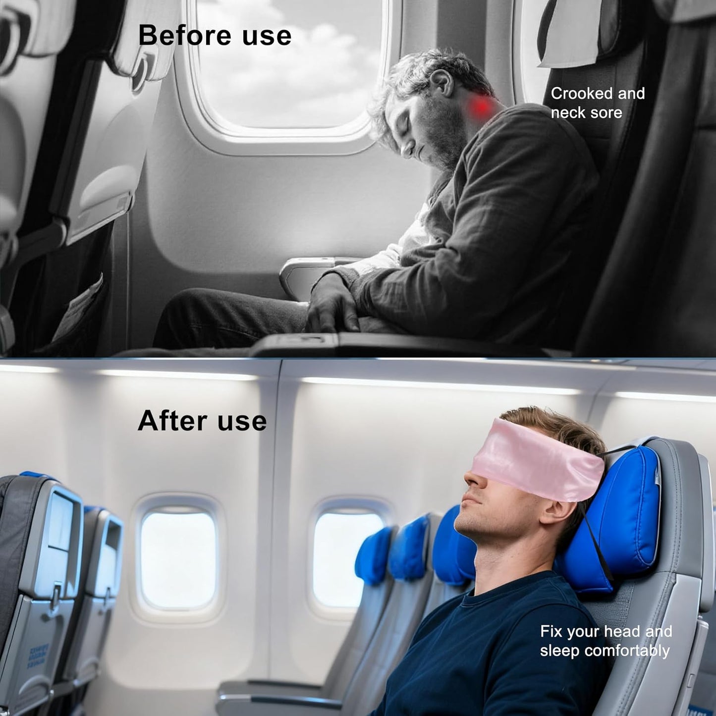 Travel Pillows for Airplanes, 2 Pack Airplane Head Strap with Silk Eye Mask for Sleeping, Long Flights & Car Road Trips 360°Headrest Neck Support, Stops Bobbing, Small & Compact (Pink+Black)
