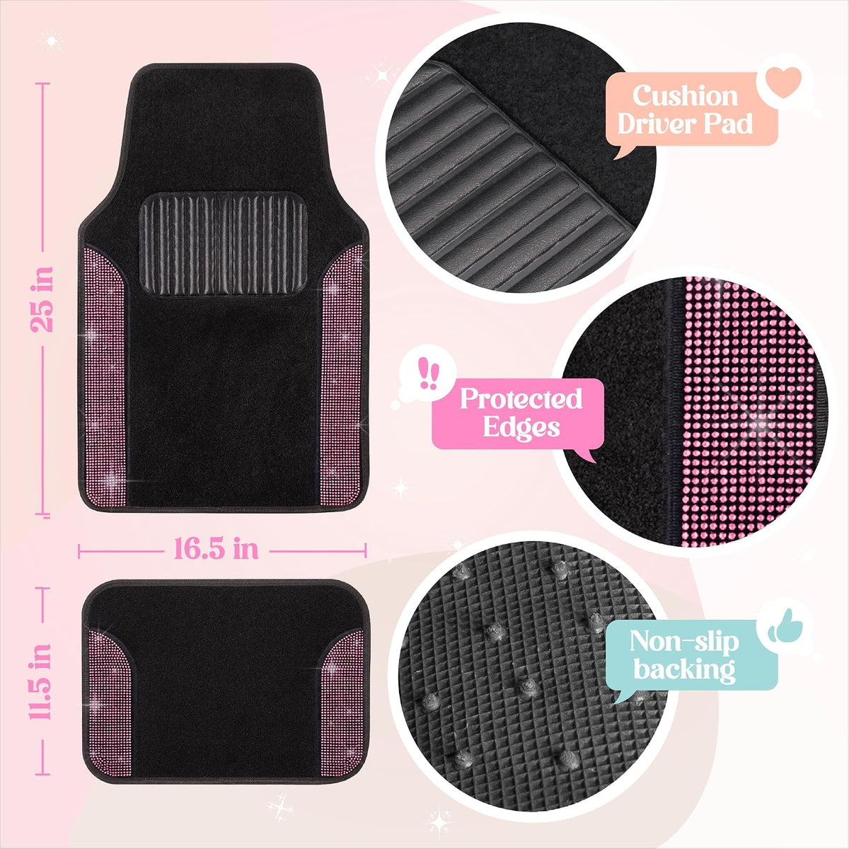 Carbella Diamond Bling Car Mats 4-Piece Set, Shiny Rhinestone Crystal Carpet Car Floor Mats, Two-Tone Floor Mats for Cars, Cute Automotive Interior Car Accessories for Women (Pink)
