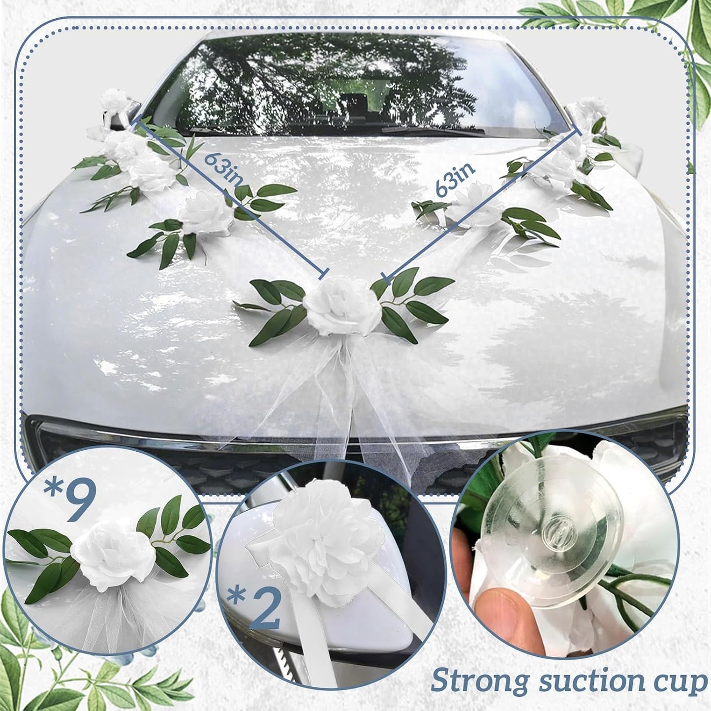 Just Married Car Decorations Kit Wedding Car Decor with Artificial White Roses Banner Flower Vine Tulle Ribbon Sign Stickers Getaway Car Accessories for Bride and Groom Send Off SUV Truck