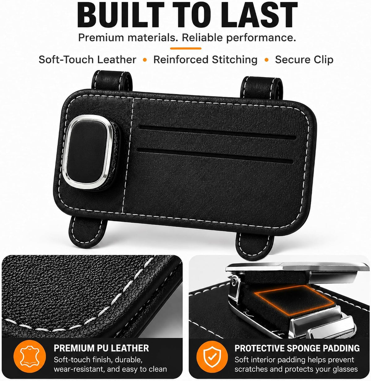 Sunglasses Holder For Car,Black PU Leather Glasses Clip For Sun Visor