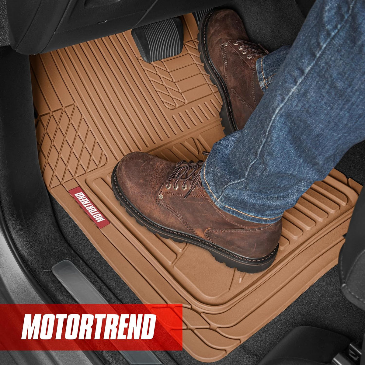 Motor Trend FlexTough™ Advanced Beige Rubber Car Floor Mats – Heavy Duty Trim to Fit All Weather Floor Mats for Cars Truck SUV - Automotive Car Interior Floor Liner Protection - Universal Fit