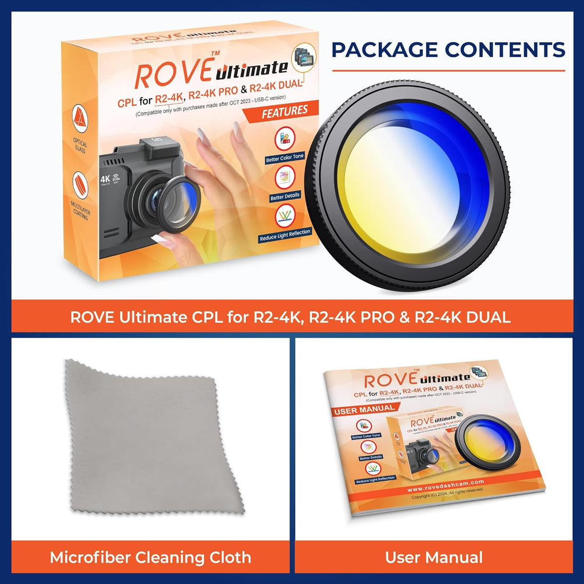 ROVE R2-4K Dual Dash Cam Front and Rear with Ultimate CPL Filter