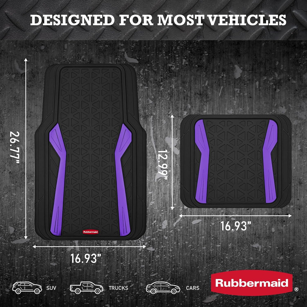 Rubbermaid Car Floor Mats Full Set,Premium Heavy Duty All-Weather Car Mats– Rugged Rubber with Brushed Aluminum Inserts, Universal Trim-to-Fit, Anti-Slip Backing for Cars, SUVs, Trucks & Vans - Purple