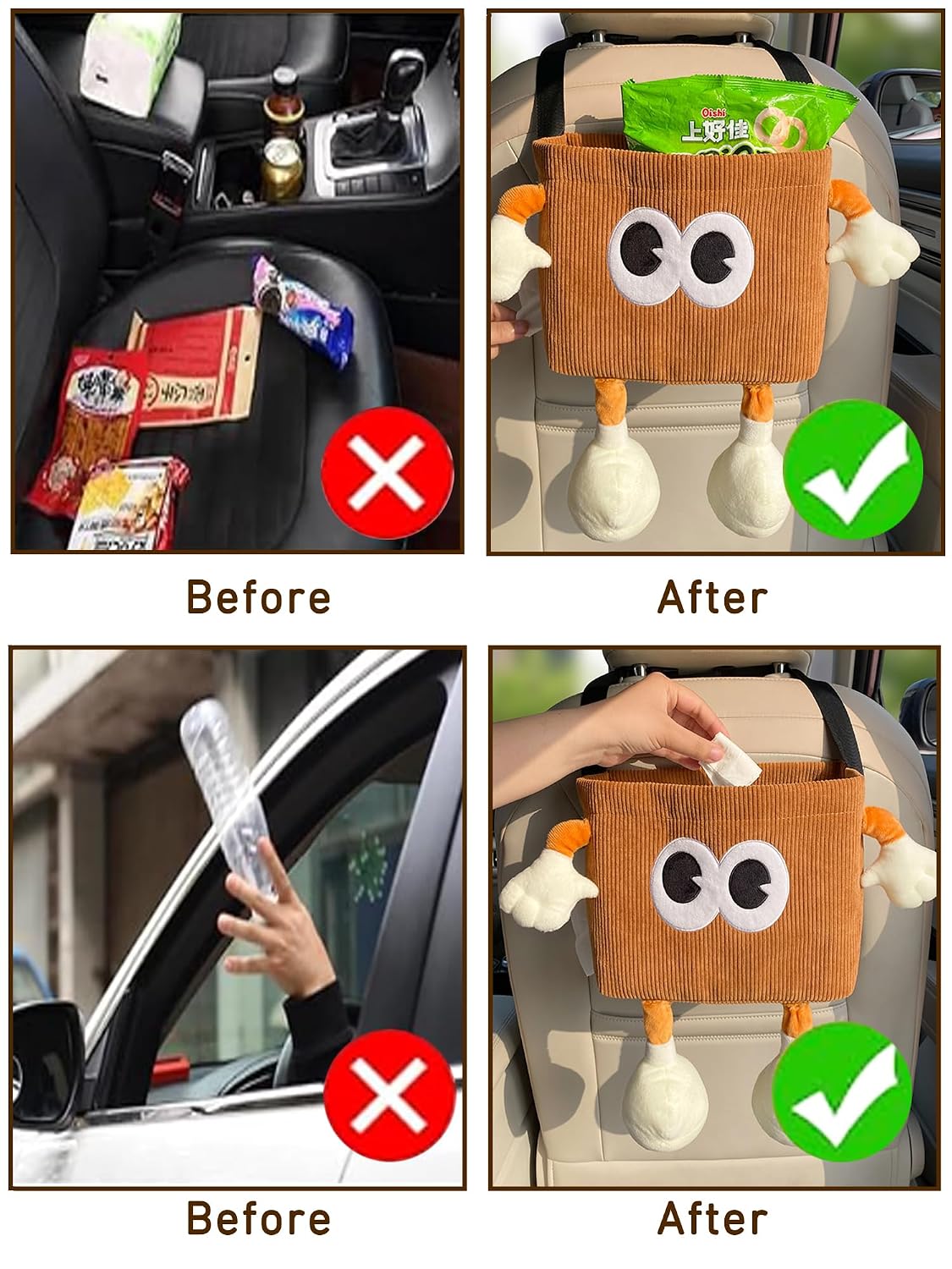 Car Cute 2 in 1 Trash Can with Tissue Holder Box Seat Back Bag Hanging over the Seat Organizer Plush Cartoon Animal Storage Garbage,Brown