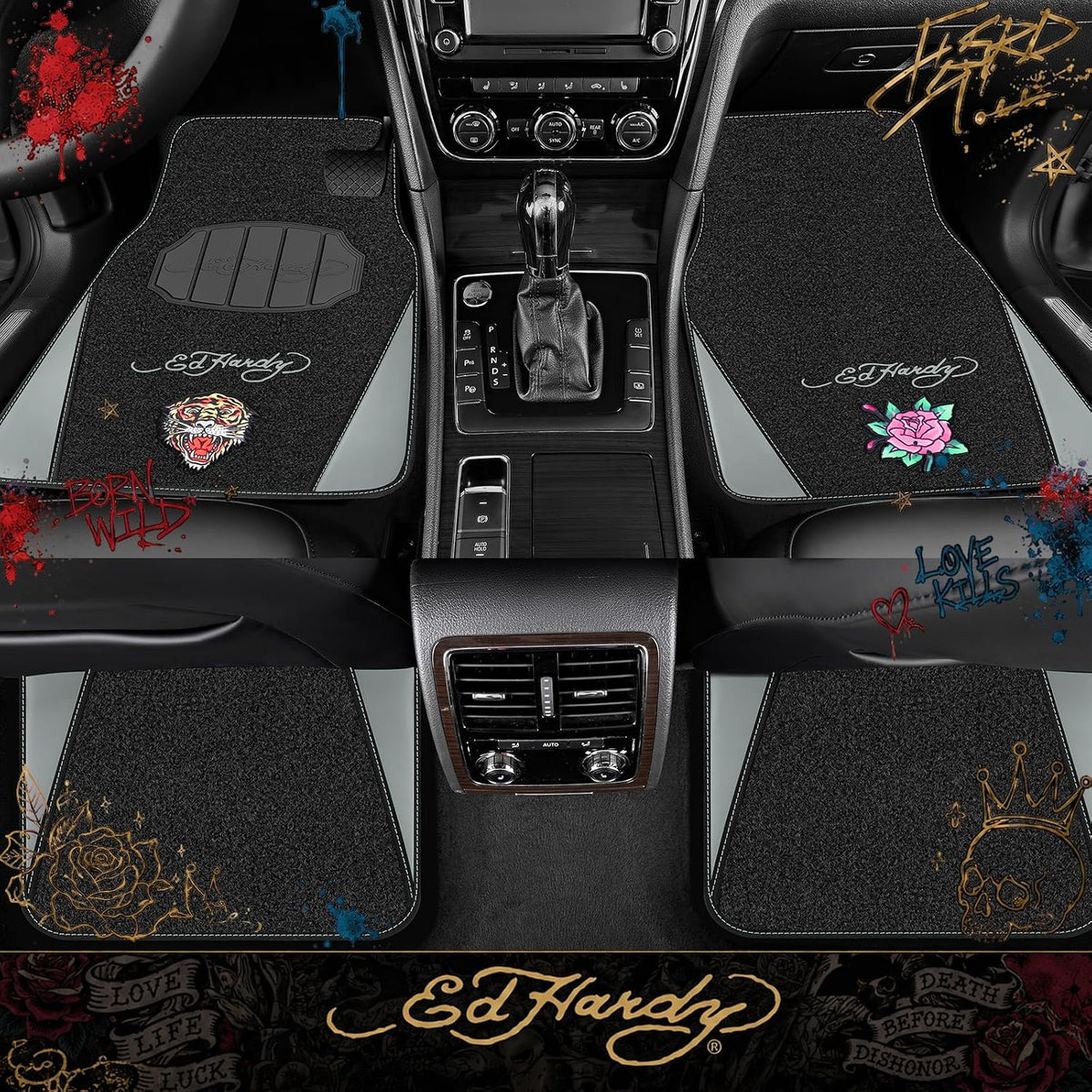 ED HARDY Tiger Print Car Floor Mats, Carpet Floor Mats with Gray Leather Design, Automotive Car Mats with Built-in Heel Pad & Anti-Slip Backing, Fits Most Cars, SUVs & Trucks, Durable & Odorless