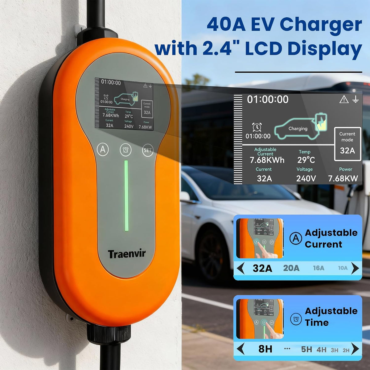 Portable EV Charger Level 2, 40Amp EV Charger for All SAE J1772 EVs, 9.6KW