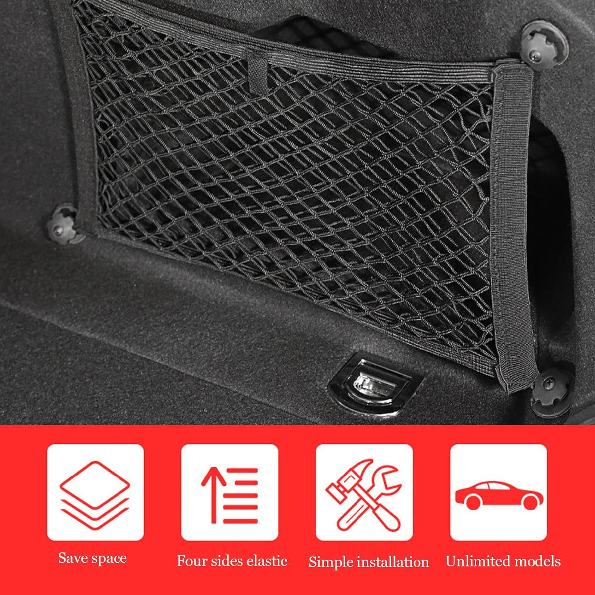 2 Pack Universal Mesh Cargo Net，BetterJonny Stretchable Elastic Automotive Cargo Nets with 8 Pieces Mounting Screws and Hooks for Car Trunk Storage Mesh Pocket Net(24 x 9.8 Inches)