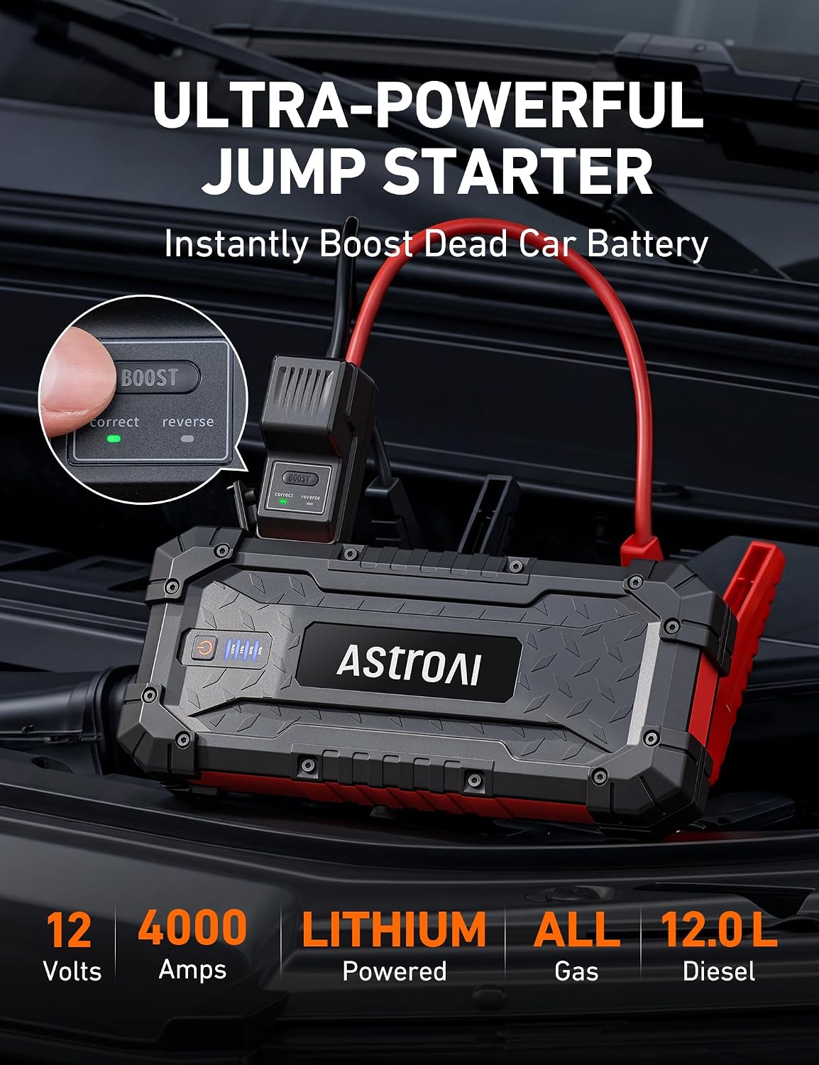 AstroAI S8 Ultra 12V 4000A Lithium Jump Starter Up to All Gas/12L Diesel