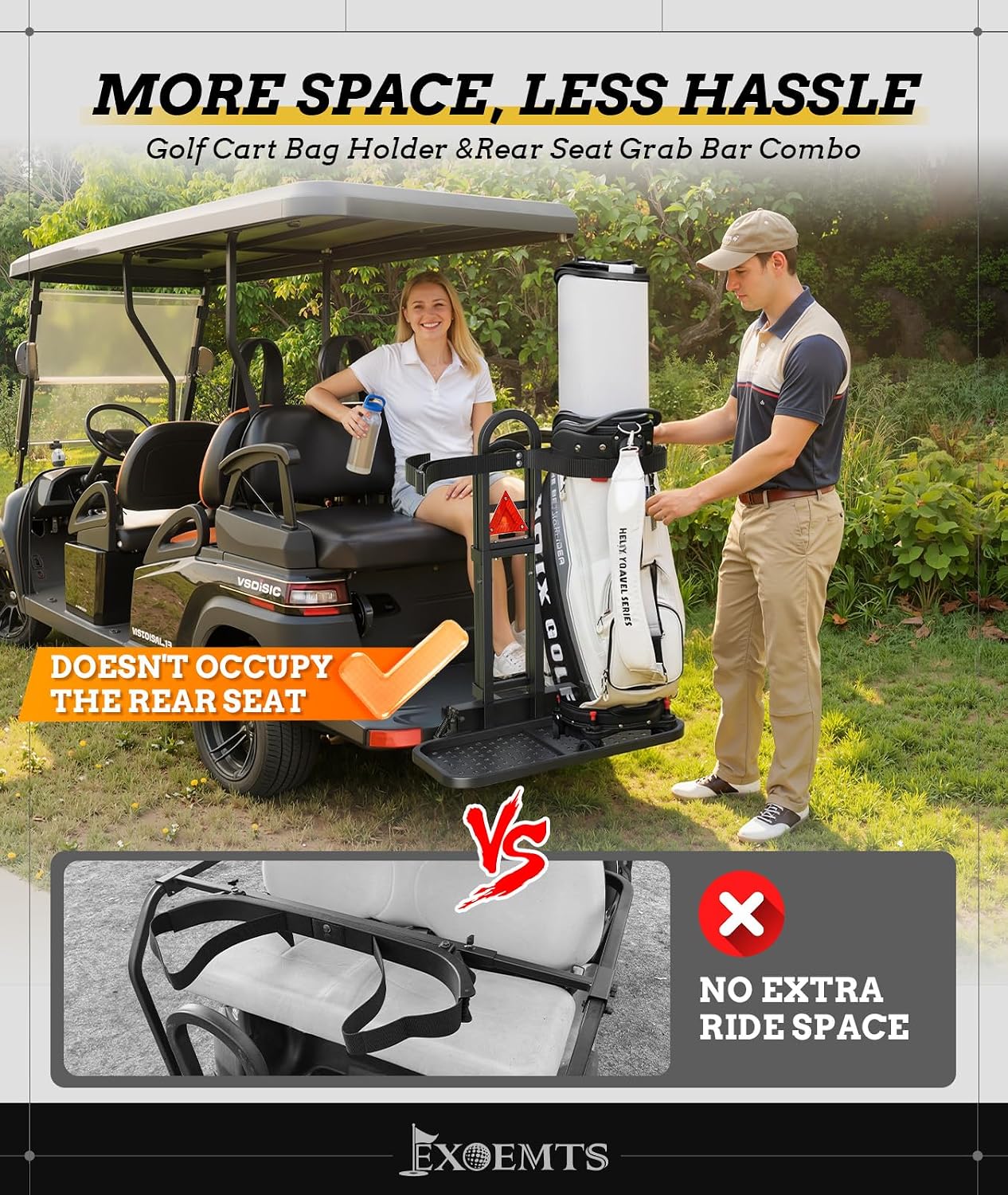 Universal Golf Cart Bag Holder & Grab Bar Combo, Foldable Golf Cart Rear Seat Bag Holder Rack & Safety Bar for Club Car EZGO Yamaha with Metal Pedal, Space-Saving, Convenience, Security, Easy Install
