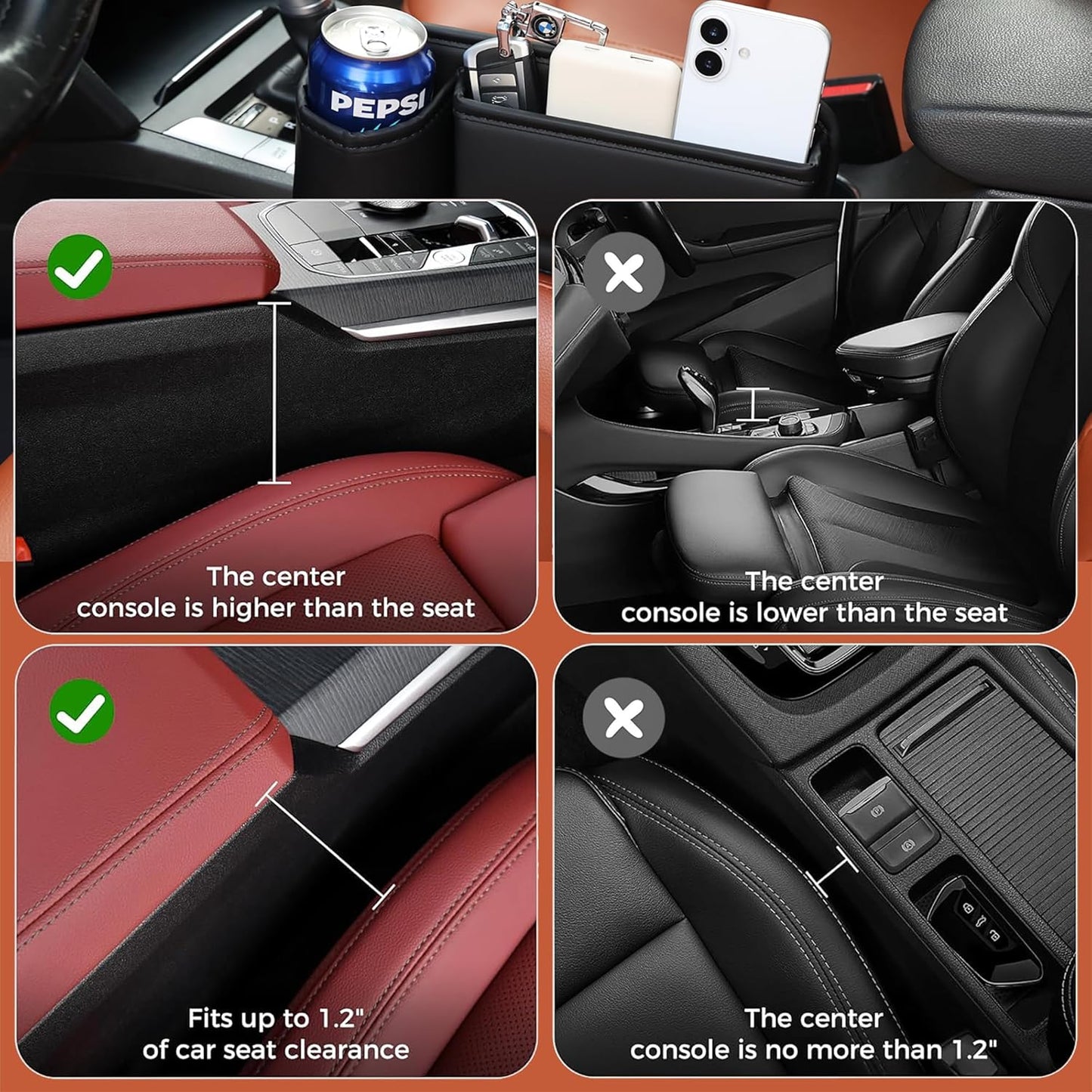 OUEST 2 Packs Car Seat Gap Filler Organizer, Car Seat Gap Storage Box with Cup Holder for Phone Drinks Glasses Keys