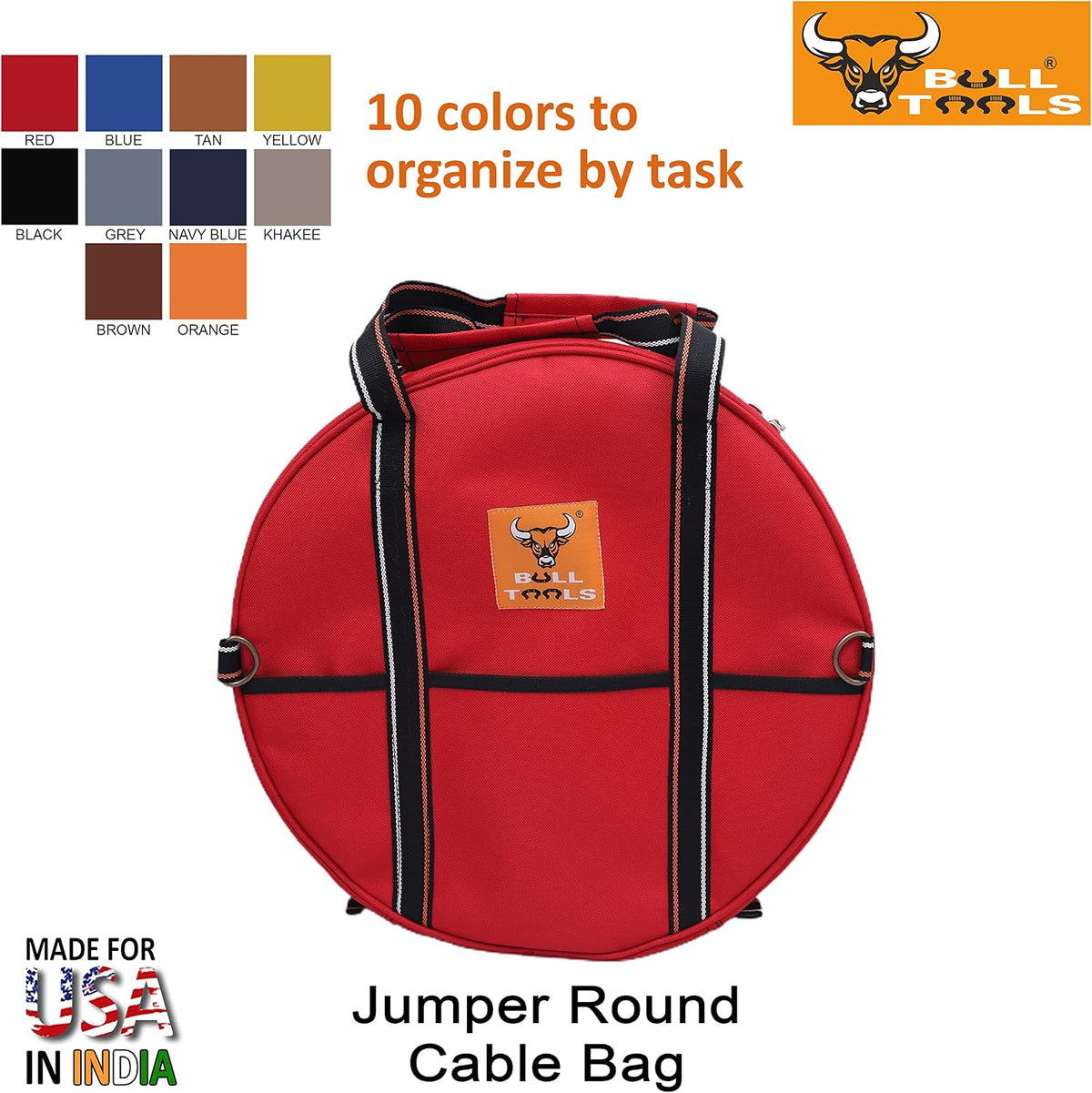 BULL TOOLS EV Charging & Jumper Cable Storage Bag, Organizer 6 Pocket Handmade Carry Bag - 15x15x4 Inch Waterproof Ballistic Polyester Round Bag, Cords, Small Tools, For Motor Vehicles - Red