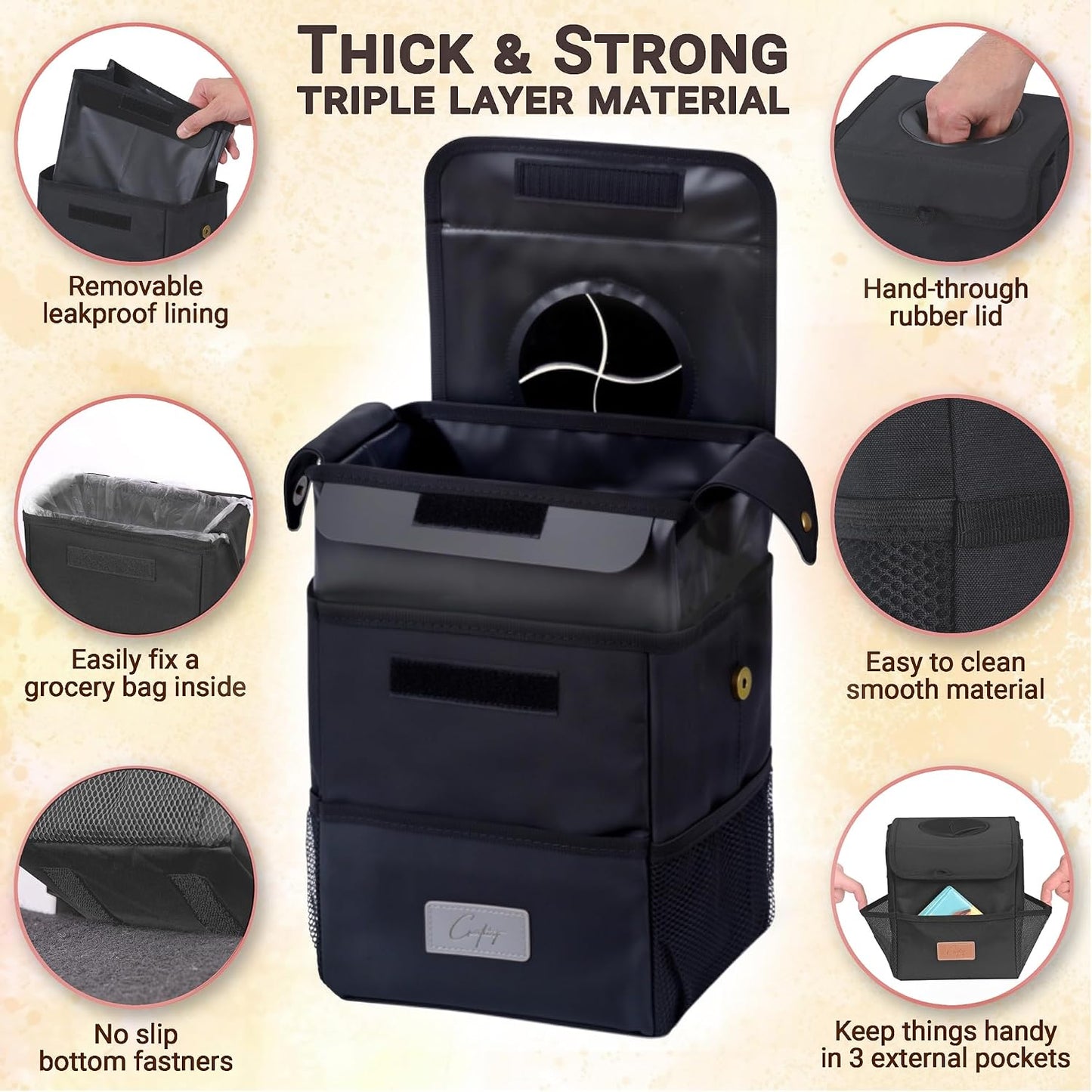 Creathing Car Trash Can [Touring Edition] - Removable Liner - 100% Leakproof, Odor Control Lid, Hanging Garbage Bin for SUV, Truck, Car (2 Gal, Black)