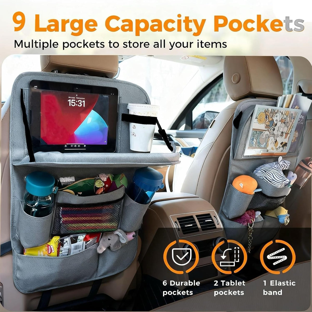 Backseat Car Organizer with Tray, 9 Storage Pockets Back Seat Protector with Foldable Tablet Holder, Waterproof Back of Seat Kick Mats for Kids Adult, Travel Accessories 2 Pack, Gray