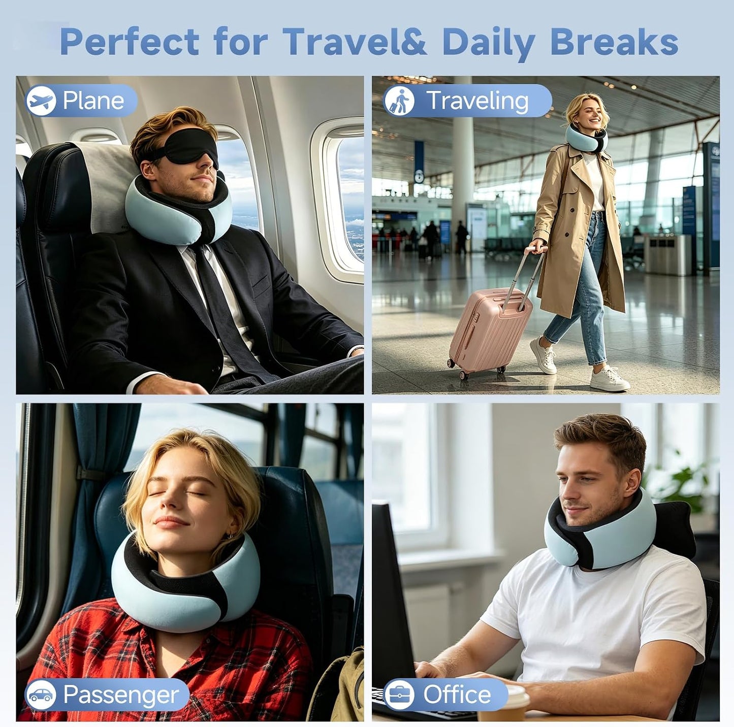 Travel Pillows for Airplanes, Neck Pillow for Traveling, Ergo Memory Foam Travel Pillow, Relief Neck Pain with Breathable Support for Long Flights, Airplanes, Car, Train & Office Use