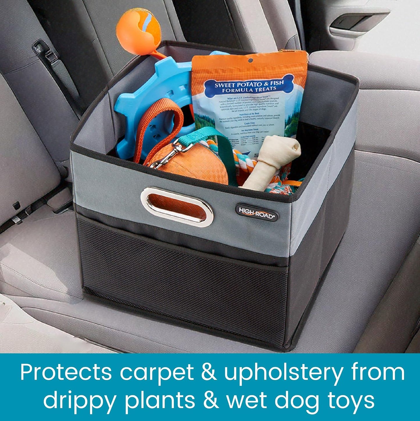 High Road CargoCube Car Storage Bin - Leakproof Car Trunk Storage Organizer with Metal Handles and Front Mesh Pocket (Square)