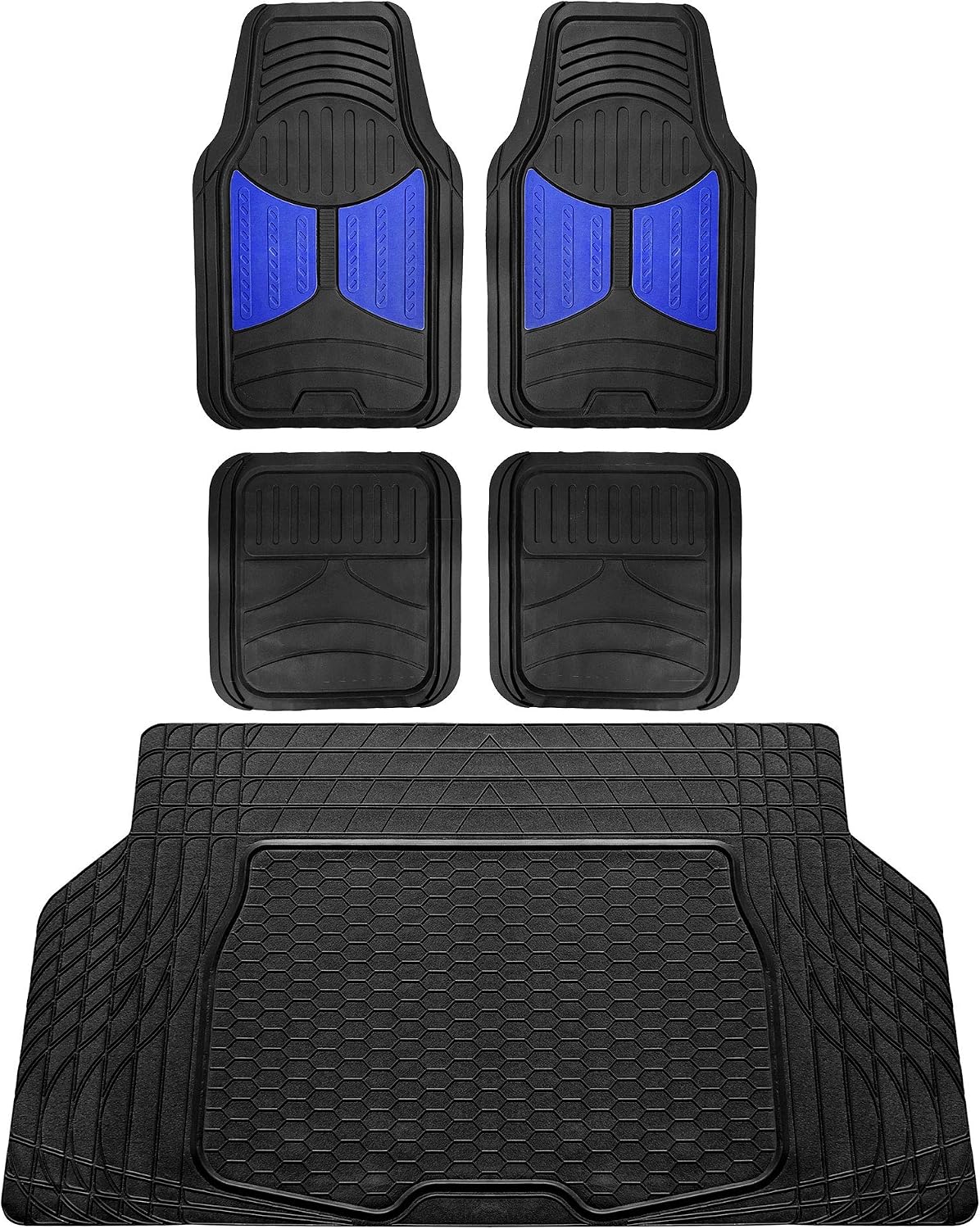 FH Group Monster Eye Full Set Rubber Floor Mats w. Trimmable Vinyl Trunk Liner/Cargo Mat Black- Fit Most Car, Truck, SUV, or Van (Blue/Black) F11313- F16403