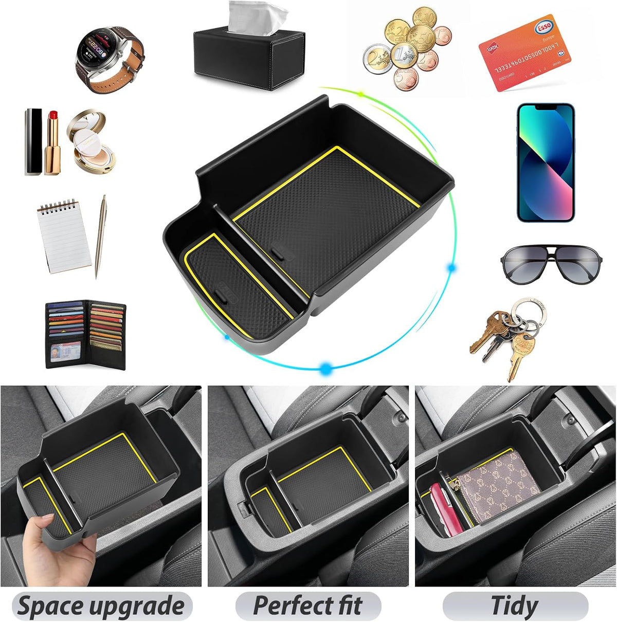 SKTU for 2024 2025 2026 Buick Envista Accessories Center Console Organizer 2024 2025 2026 Envista Console Tray 2024 2025 2026 Envista Armrest Box Envista Tray with Sunglasses Holder (Yellow)