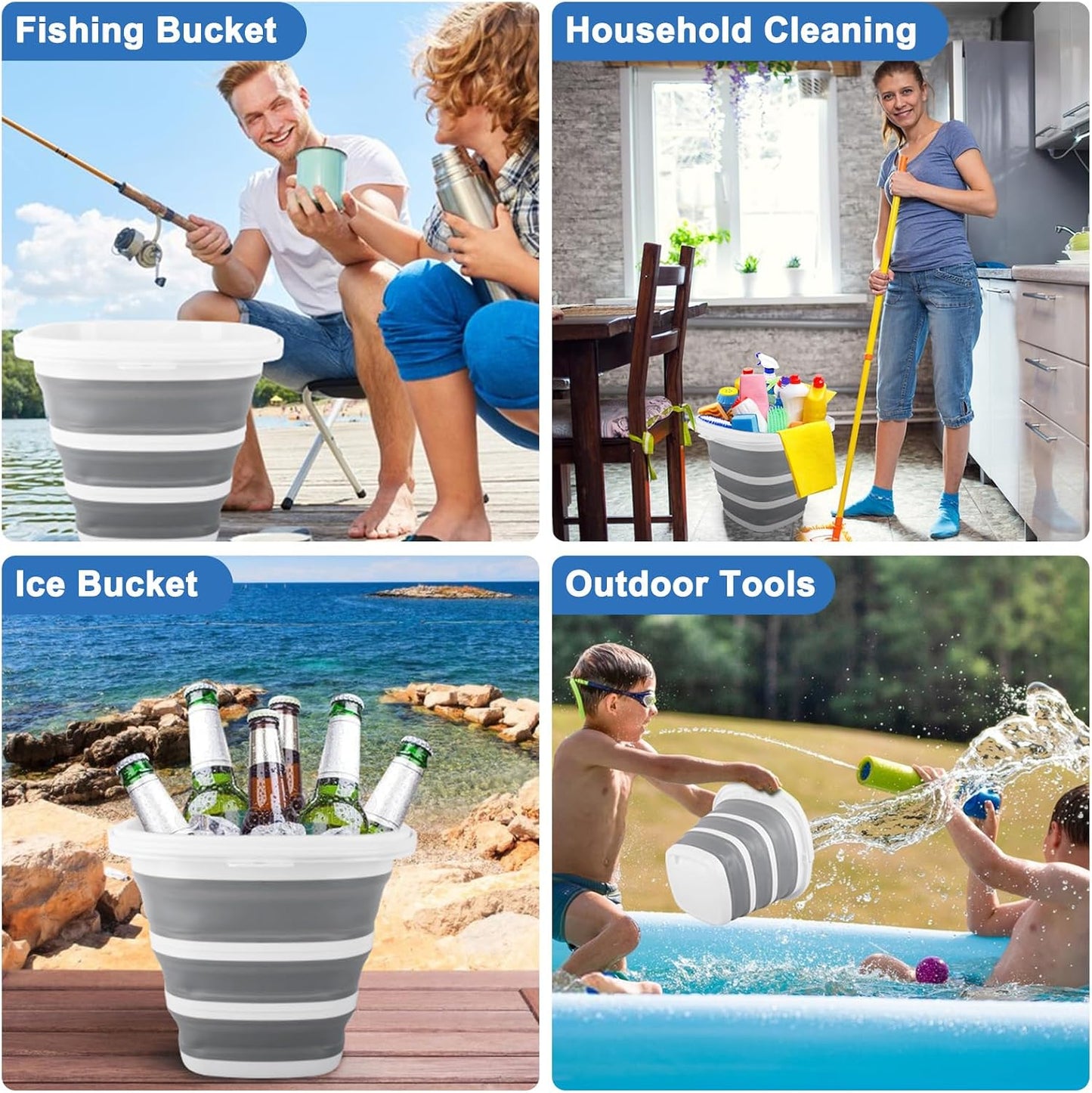 10L Collapsible Bucket for Cleaning, Portable Ice Bucket Water Pail for Space Saving, Foldable Sand Buckets with Handles for House Bathroom, Plastic Tub Sink Camping Wash Basin RV Essentials