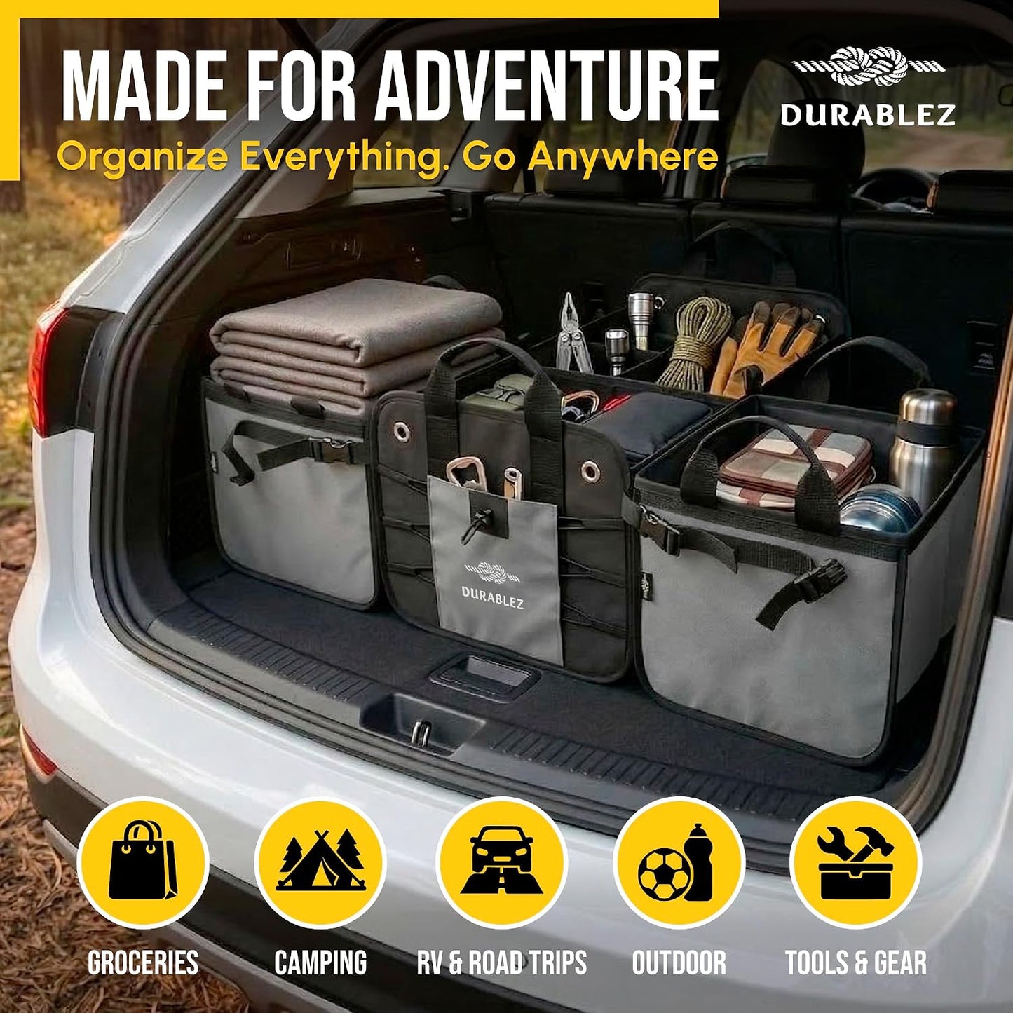 Modular 4-Section XL Trunk Organizer – Car Storage for Groceries, Tools, Sports Gear, Emergency Kits – Extra Large Multi-Compartment Cargo Box, Collapsible &amp; Heavy Duty – Gray
