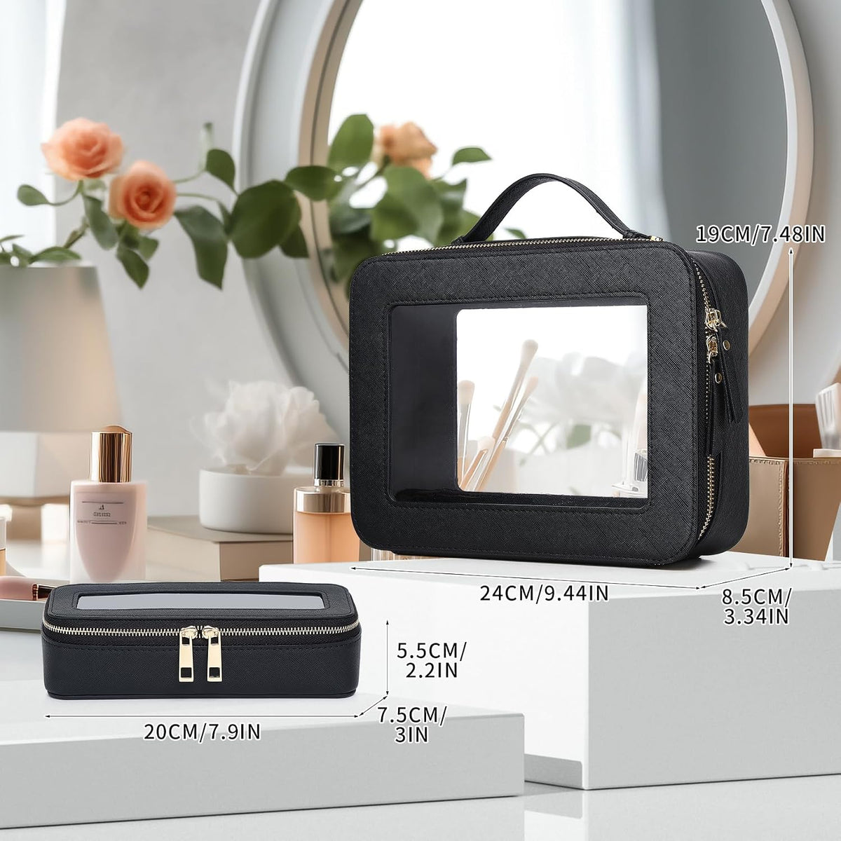 Pinkmik Clear Makeup Bag with Brush Bag, (Black, L+SLIM)