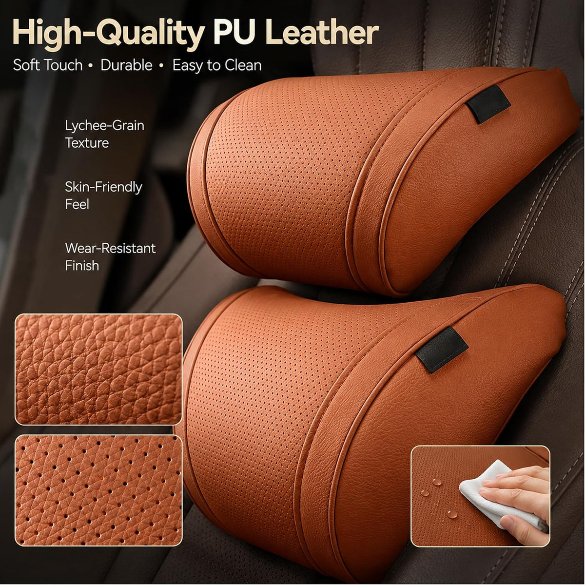 Ergonomic Headrest and Lumbar Support Set for CarSeats, Leather Car HeadrestPillows, Luxurious MemoryFoam Car NeckPillow (Orange, Headrest Cushion)