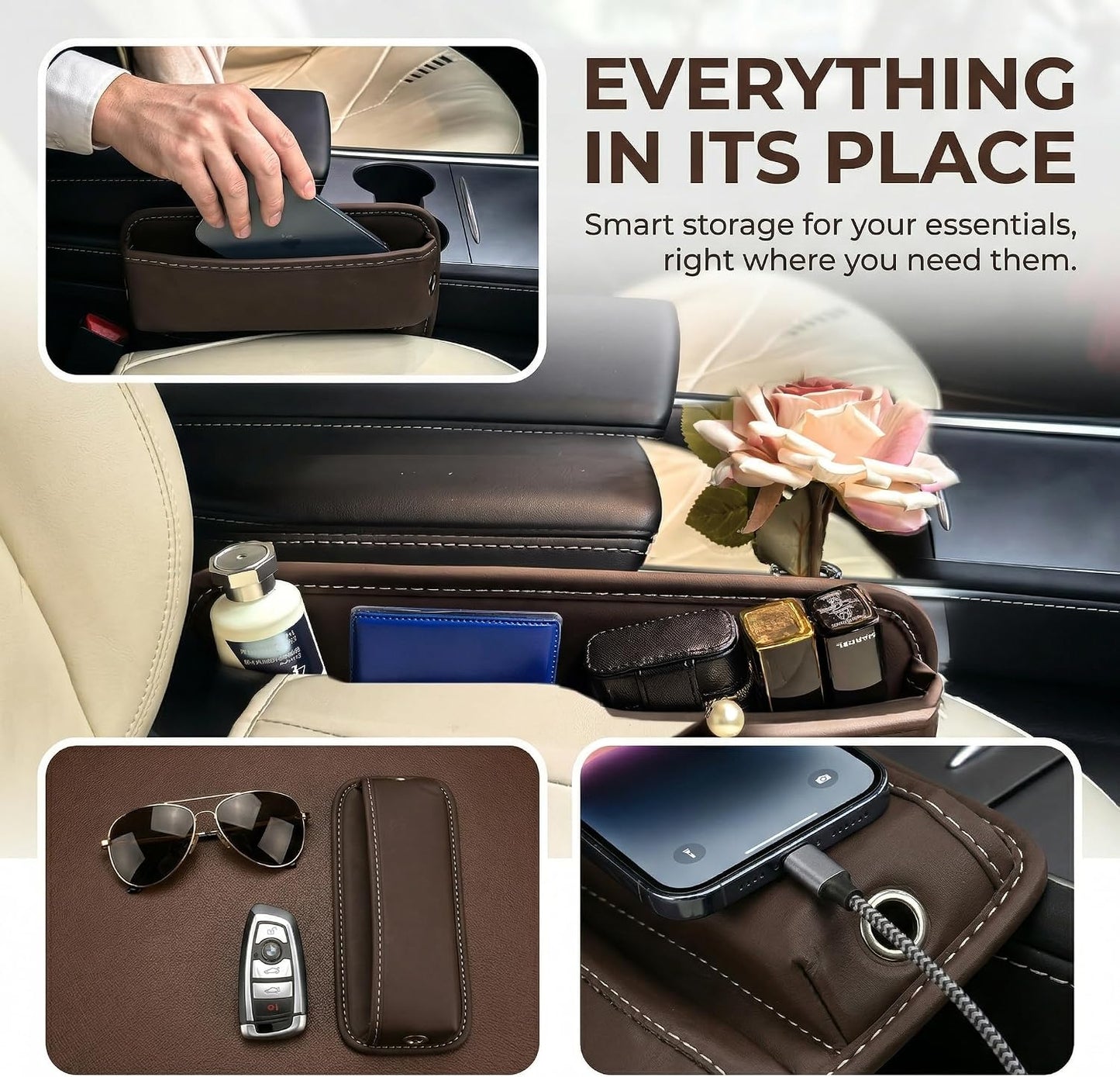 Car Seat Gap Organizer | PU Leather Seat-Side Storage Pocket with Cable Port | Fits Most Cars, SUVs and Trucks | White