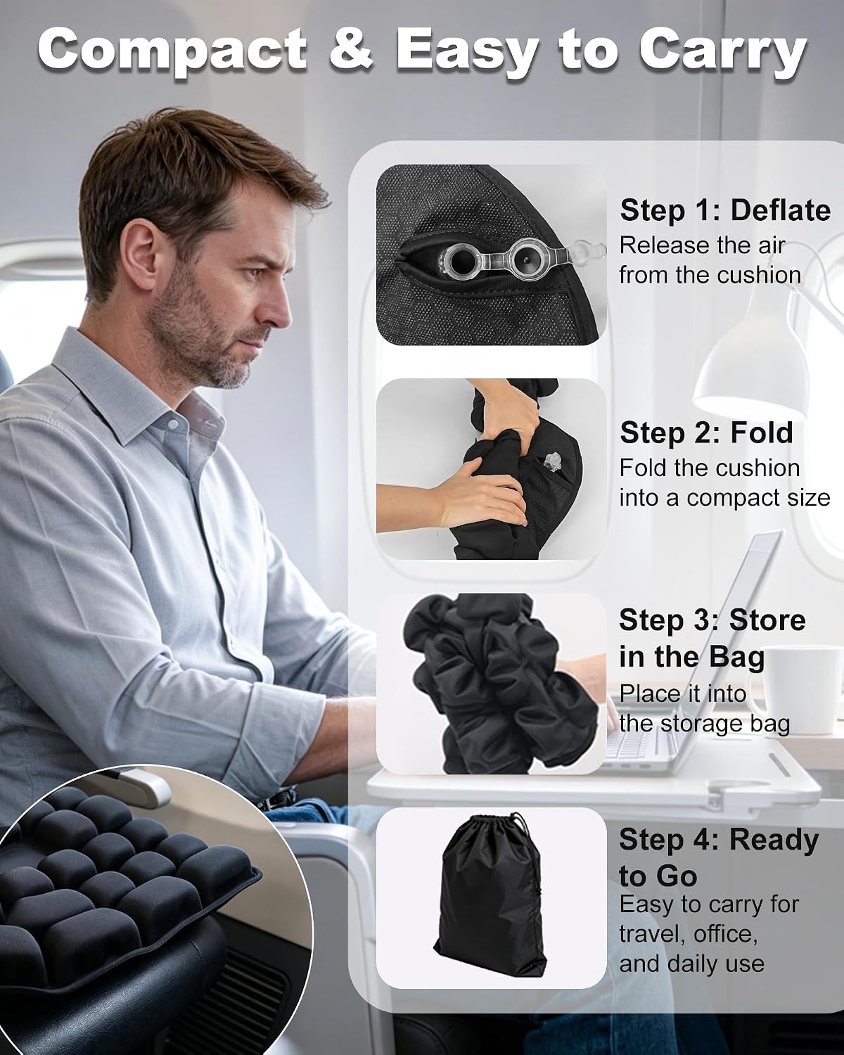 Upgrade Inflatable Airplane Seat Cushion for Long Flights - 3D Air Pressure Relief Travel Cushion - Portable Seat Cushion for Airplane, Office Chair, Car&Wheelchair - Ergonomic Comfort Support