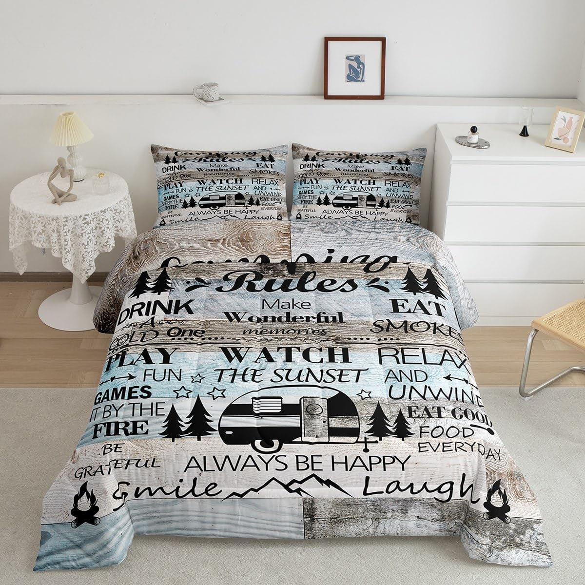 Happy Camping Camper Kids Comforter Set Twin Size,Rustic Farmhouse Adventure Cabin Bedding Set,Girls Boys Room Decor,Wooden Plank Cottage Lake House Quilt Comforter,Vintage Duvet Insert,1 Pillowcase