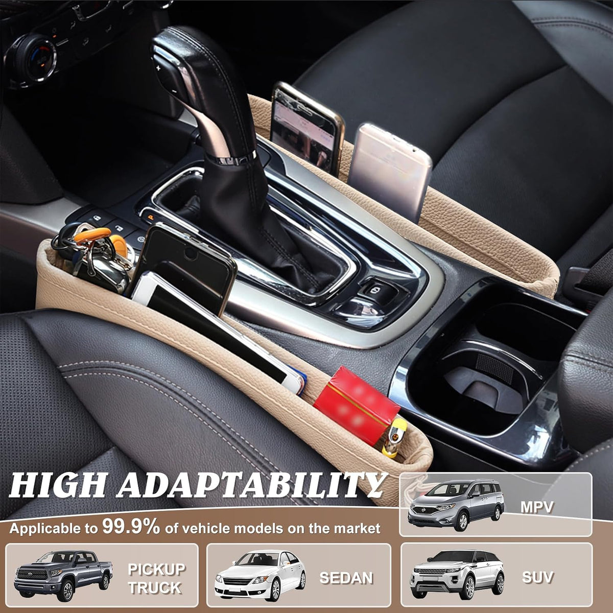 2 Pack Update Car Seat Gap Filler Organizer Leather Console Storage Box Front Side Pocket Seats Organizers Filler Interior Car Accessories for Phone Wallet Coin Key Sunglasses (Off-White)
