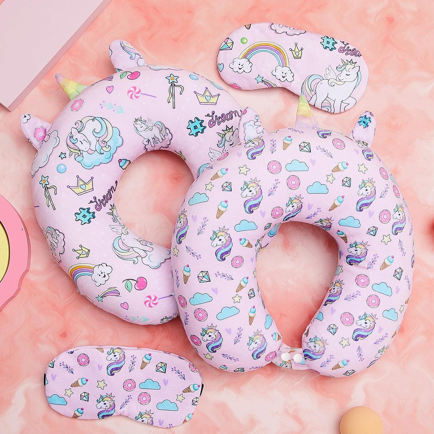 Thyle 2 Set Unicorn Neck Travel Pillow for Kids and Eye Mask Lightweight Travelling Sleeping Pillow Set for Airplane, Car, Train, Bus and Home Use Support Blindfolds