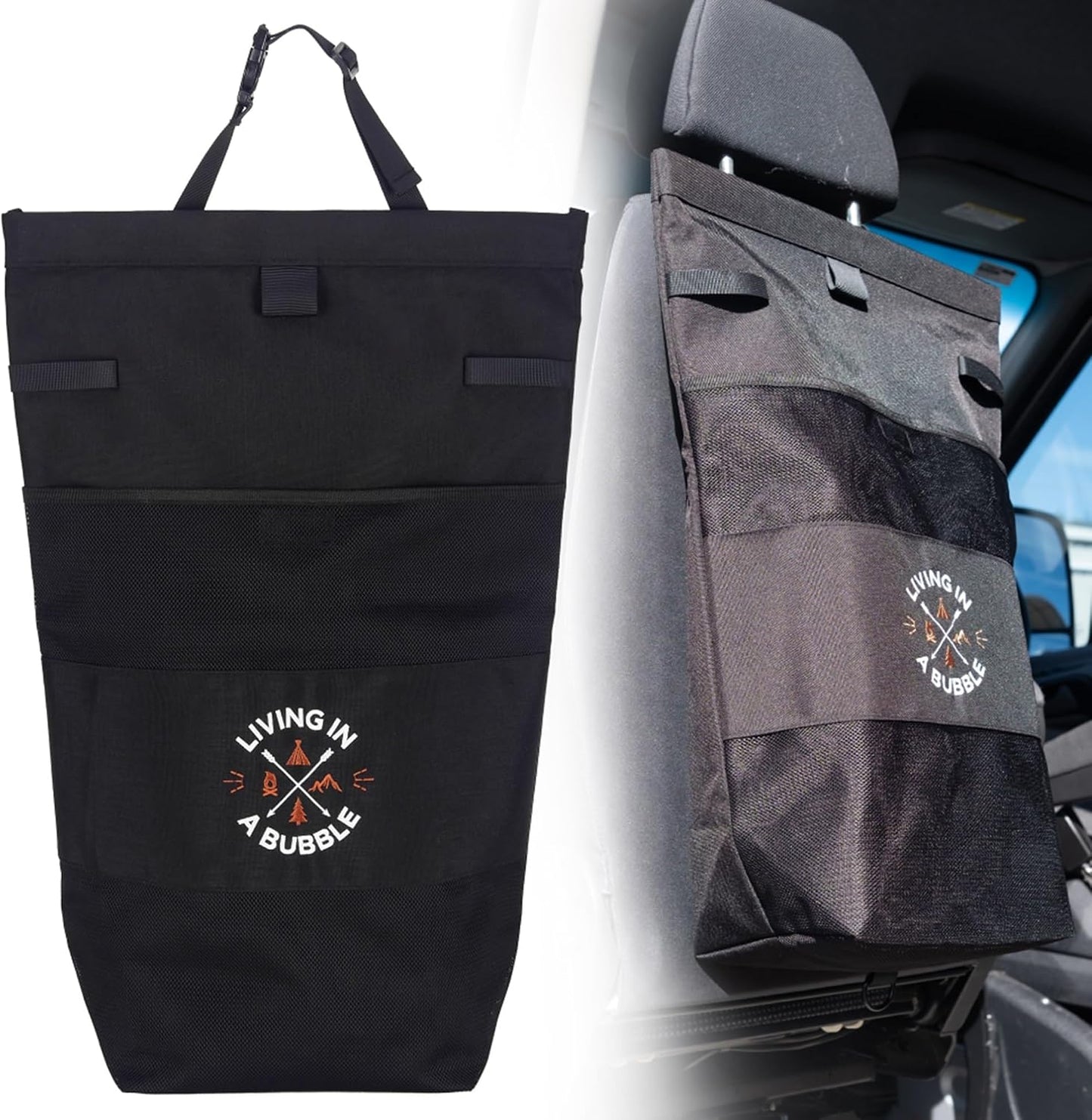 Living in a Bubble Seat back Organizer – Magnetic Toiletry and Cooler Pouch, Cordura Car Backseat Storage with Device Holder & Hooks, Multi-Compartment Utility Bag for Campervans & Family Travel