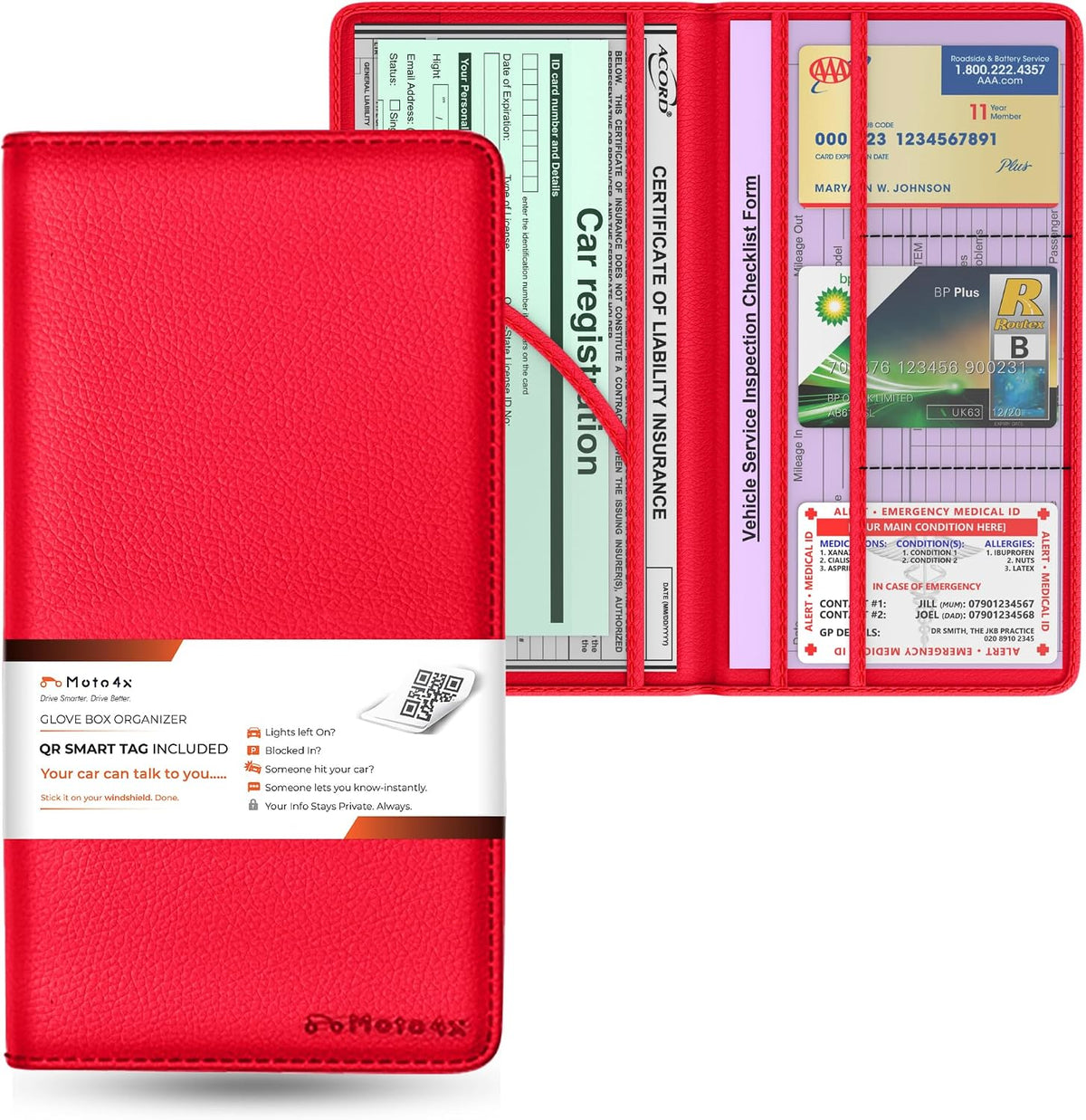 Insurance and Registration Holder, Red Premium PU Leather Glove Box Folder