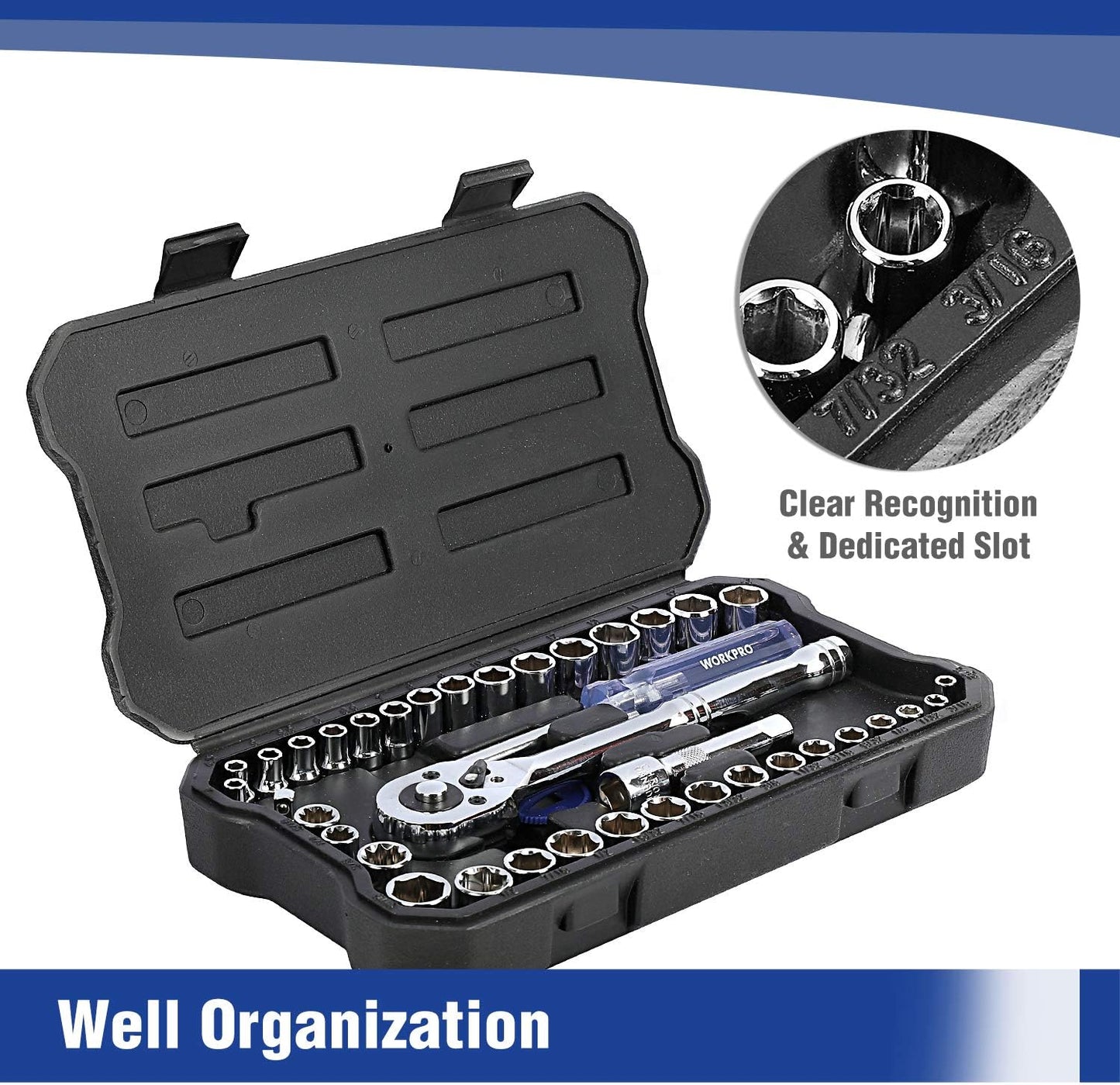 WORKPRO 39-Piece Drive Socket Set 1/4'' & 3/8'', CR-V Metric and SAE Sockets with Quick-Release Ratchet Wrench, Extension Bar, Spinner Handle & Adapter, Compact Mechanics Tool Set for Car Repair