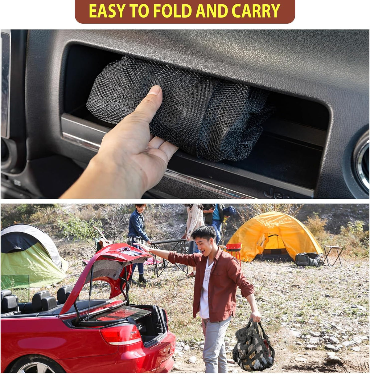 Car Ceiling Cargo Net, 35.4" x 23.6" Double Layer Overhead Storage Organizer for 4 Grab Handle Vehicles,Fits Most SUVs, Vans & Trucks,Mesh Roof Pocket for Camping & Road Trips
