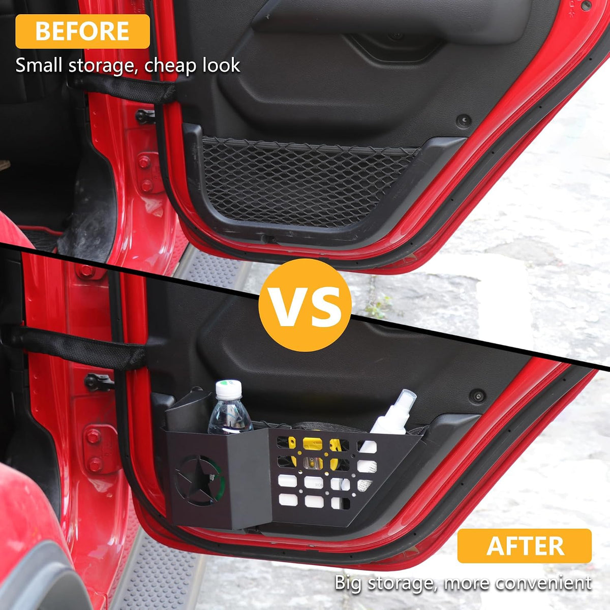 Rear Door Storage Pockets Side Insert Organizer Box Compatible with 2018-2024 2025 Jeep Wrangler JL 4 Door 4XE Gladiator JT Interior Accessories Cup Holder Expansion Tray 1Pair Metal Black Star