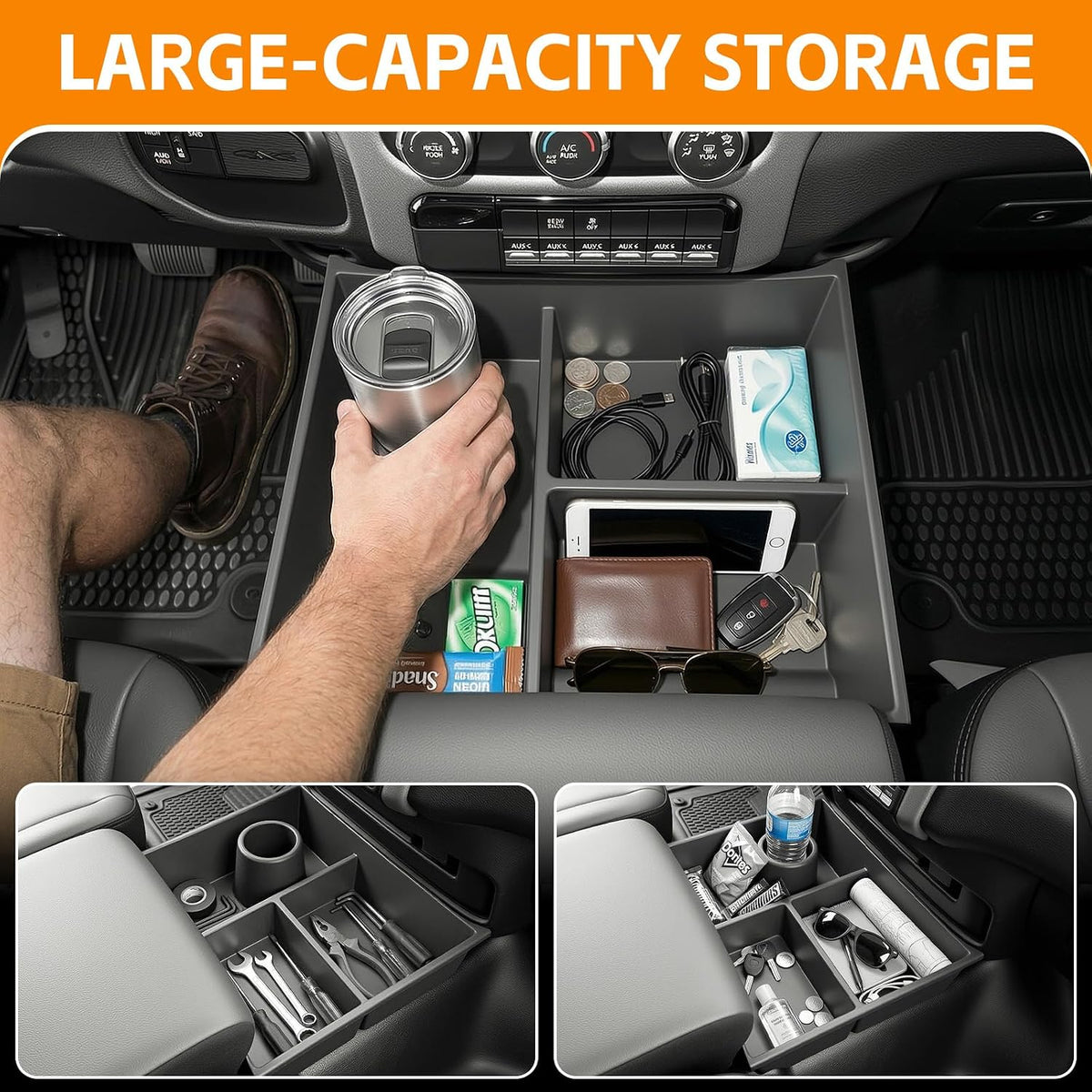 Bench Seat Floor Organizer Compatible with 2013-2025 Ram 1500 2500 3500-5500 Classic Center Console Storage Organizer Under Seat Box Bin Cup Holder for RAM Accessories(RAM Classic Bench Seat)