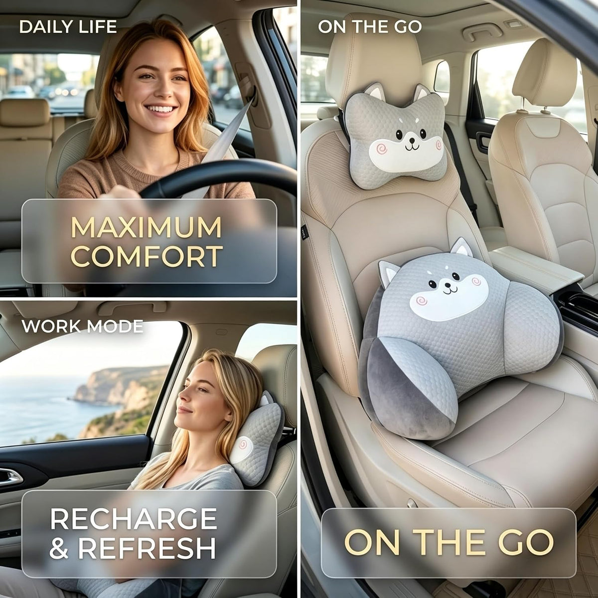 Car Neck Pillow and Lumbar Support Set, Cute Animal Soft Plush Ergonomic Back Cushion for Driving, Travel Seat Headrest Pillow(Set of 2) (Rabbit)