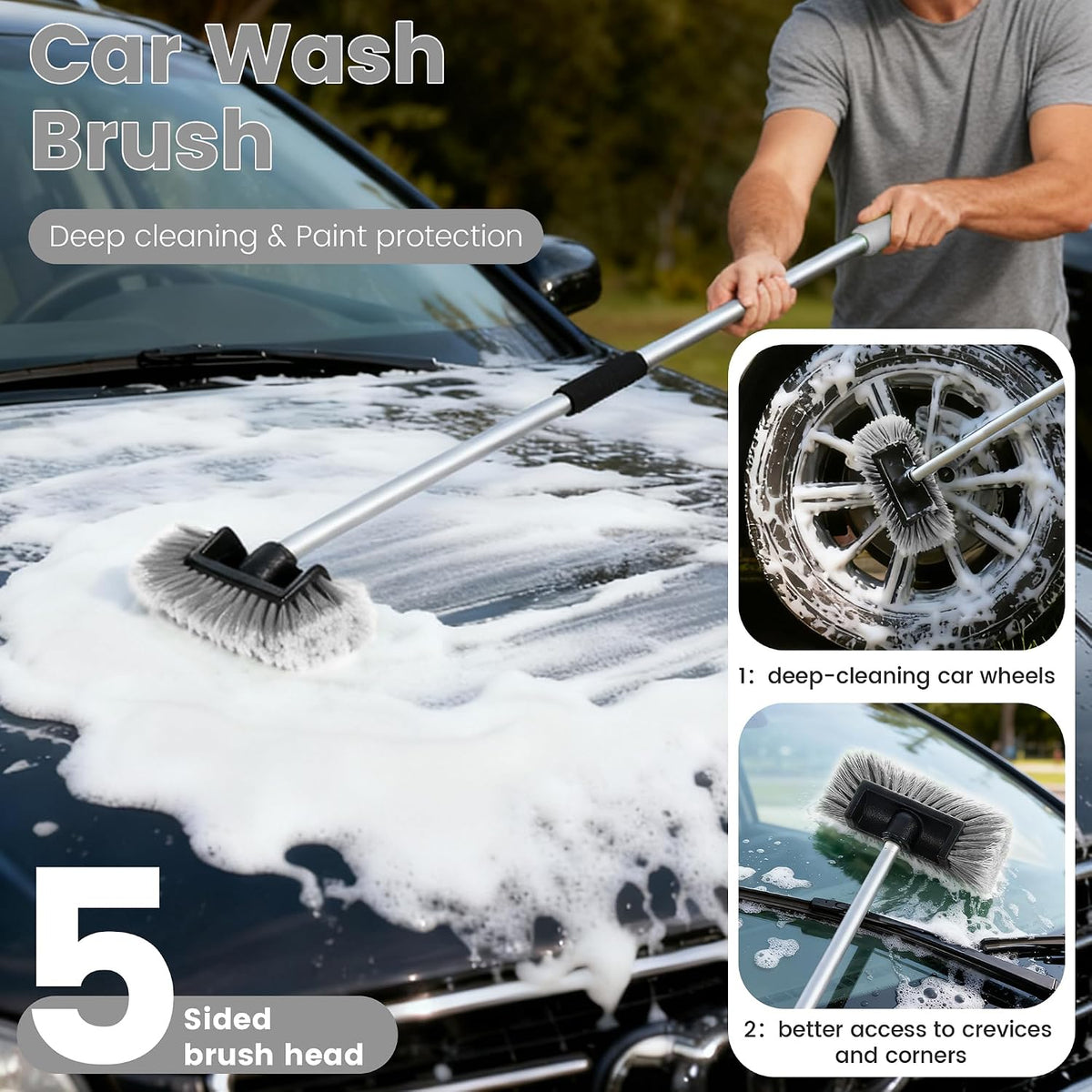 Car Wash Brush with Long Handle, 60'' Soft Bristle Cleaning Brush, Car Cleaning Brushes, Carwash Brushes for SUV, RV, Boat, Truck, House Siding, Sweep Snow, Gray