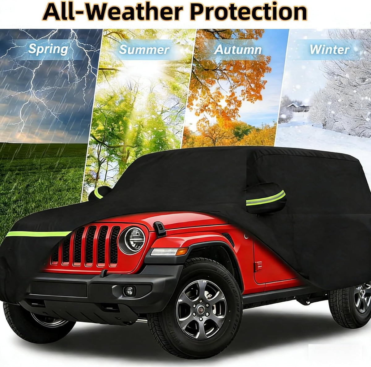 2026 Upgraded Car Cover for Jeep Wrangler 4 Dr/Unlimited 4 Door JK JL Car Accessories2006-2026, Waterproof Full Exterior Windproof Snow Proof Rain Sun Hail Protection with Door Zipper & Inner Cotton