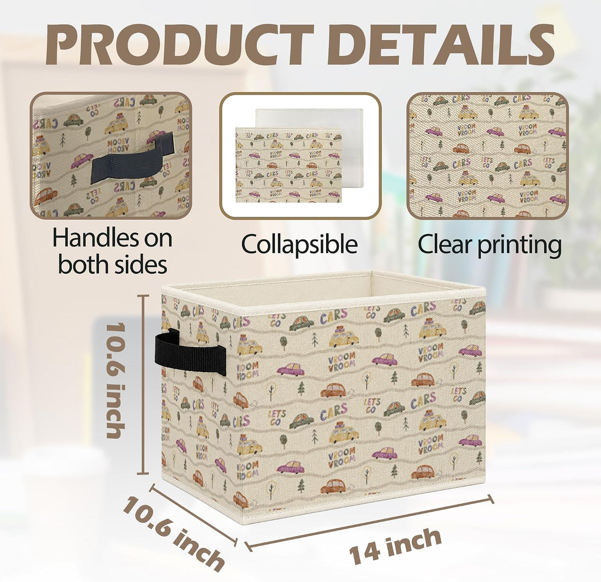 Vintage Car Nursery Foldable Storage Bins Box with Handles, Neutral Car Vehicle Collapsible Toys Books Clothes Organizer Basket for Kids Nursery Room Bedroom Bathroom Playroom