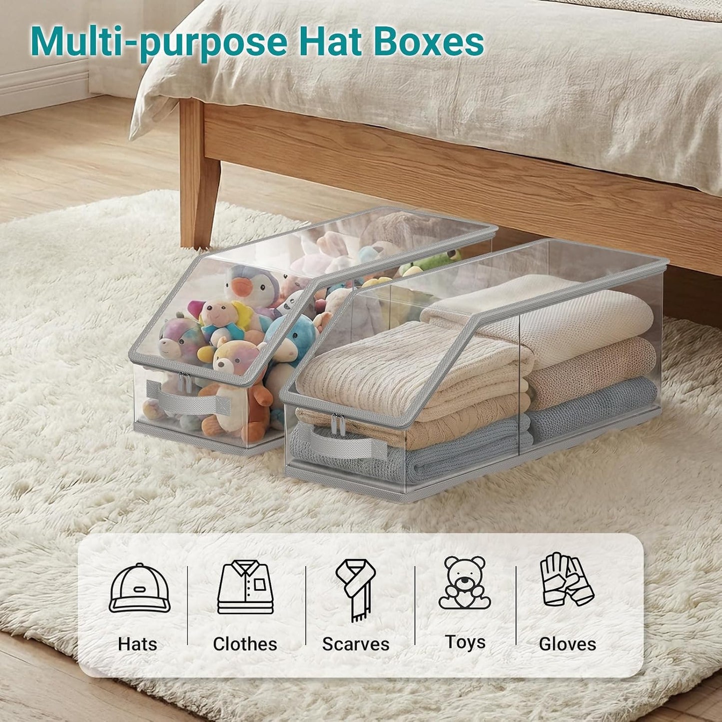 AOODA 2PCS Stackable Hat Storage for Baseball Caps, Clear Hat Organizer for Closet Holds up to 24 Caps, Men‘s Hat Box Display with Cardboard (Grey)