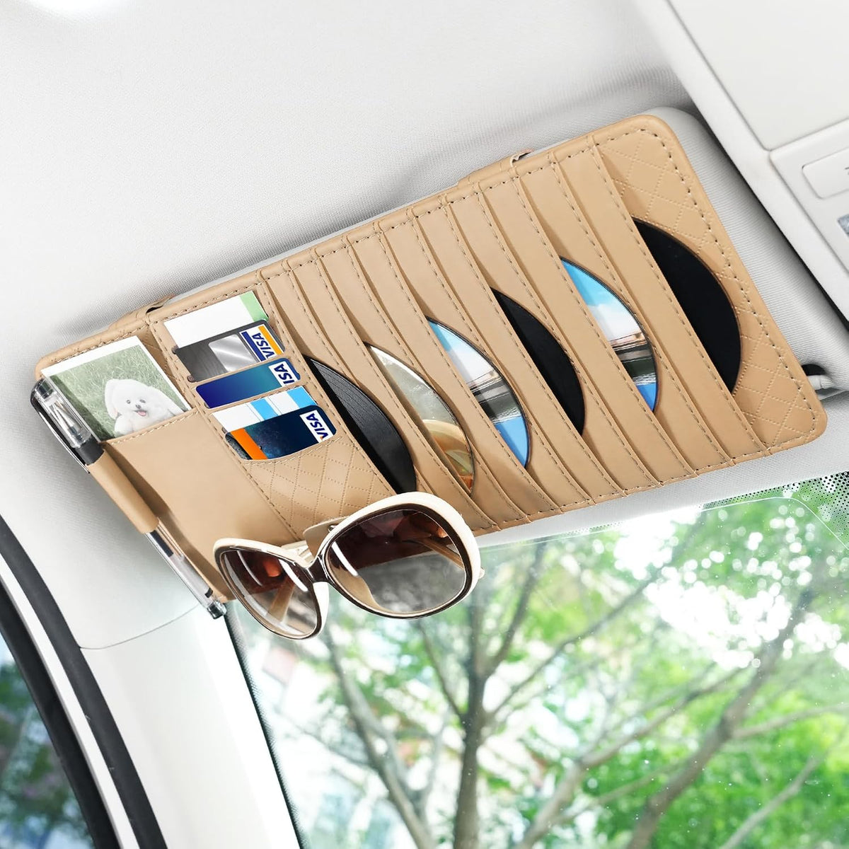 alpmosn Sun Visor CD Case Holder for Car - Multi-Function Visor Organizer with CD/DVD Storage, Eyeglass Clip, Card Slots & Pen Holder, Durable Leather Car Accessories (Grey)