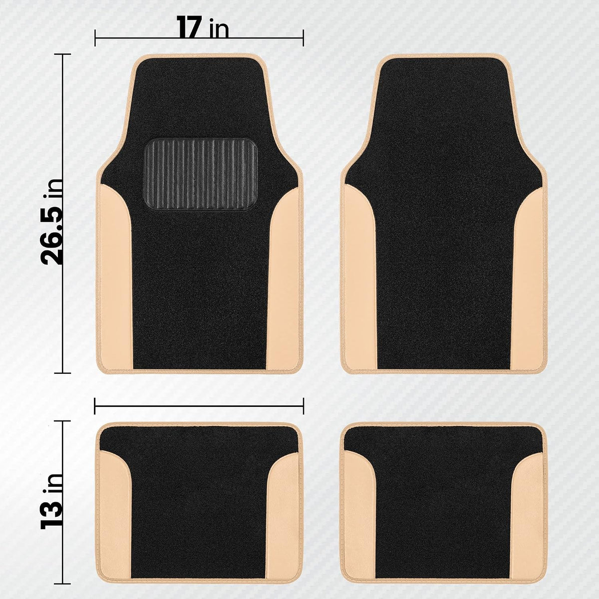 BDK Carpet Floor Mats for Cars, Two-Tone Carpet Car Mat with Faux Leather Accents, Automotive Floor Mat Sets with Built-in Heel Pad, Stylish Interior Car Accessories Beige