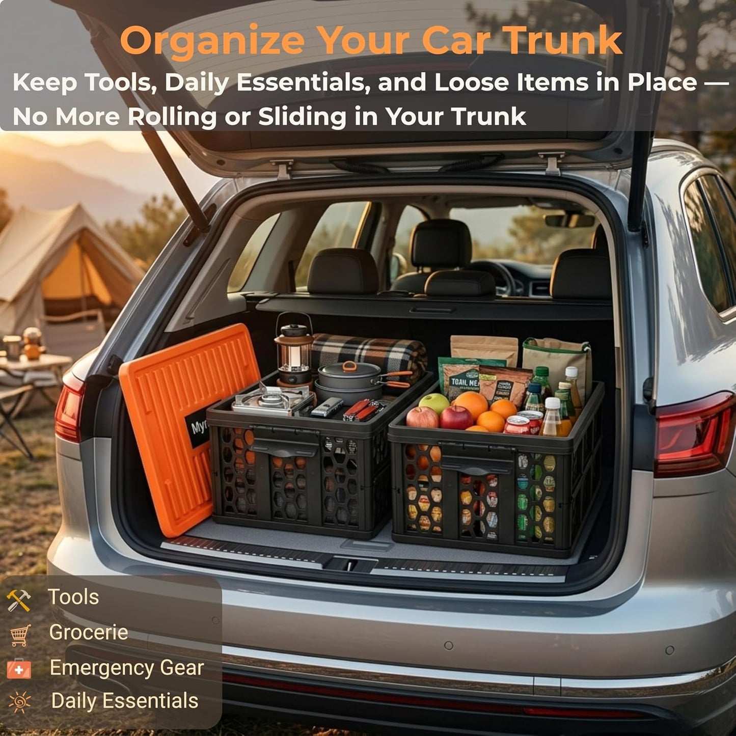Mymazn Trunk Crate Organizer with Cooler for Car | Collapsible, Plastic Trunk Lid Organizer Box, For Travel, Groceries, Sports, Home, Tailgating, Removable Insulated Cooler Set