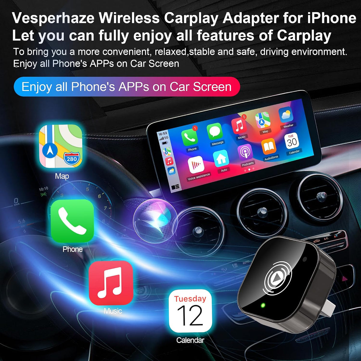Auto-Connected Wireless Carplay Adapter for iPhone, Vesperhaze Plug&Play Carplay Wireless Adapter with BT5.3 & Dual-Band WiFi-No Latency, Stable Fit for Cars, for Apple iPhone iOS 10+,Grey