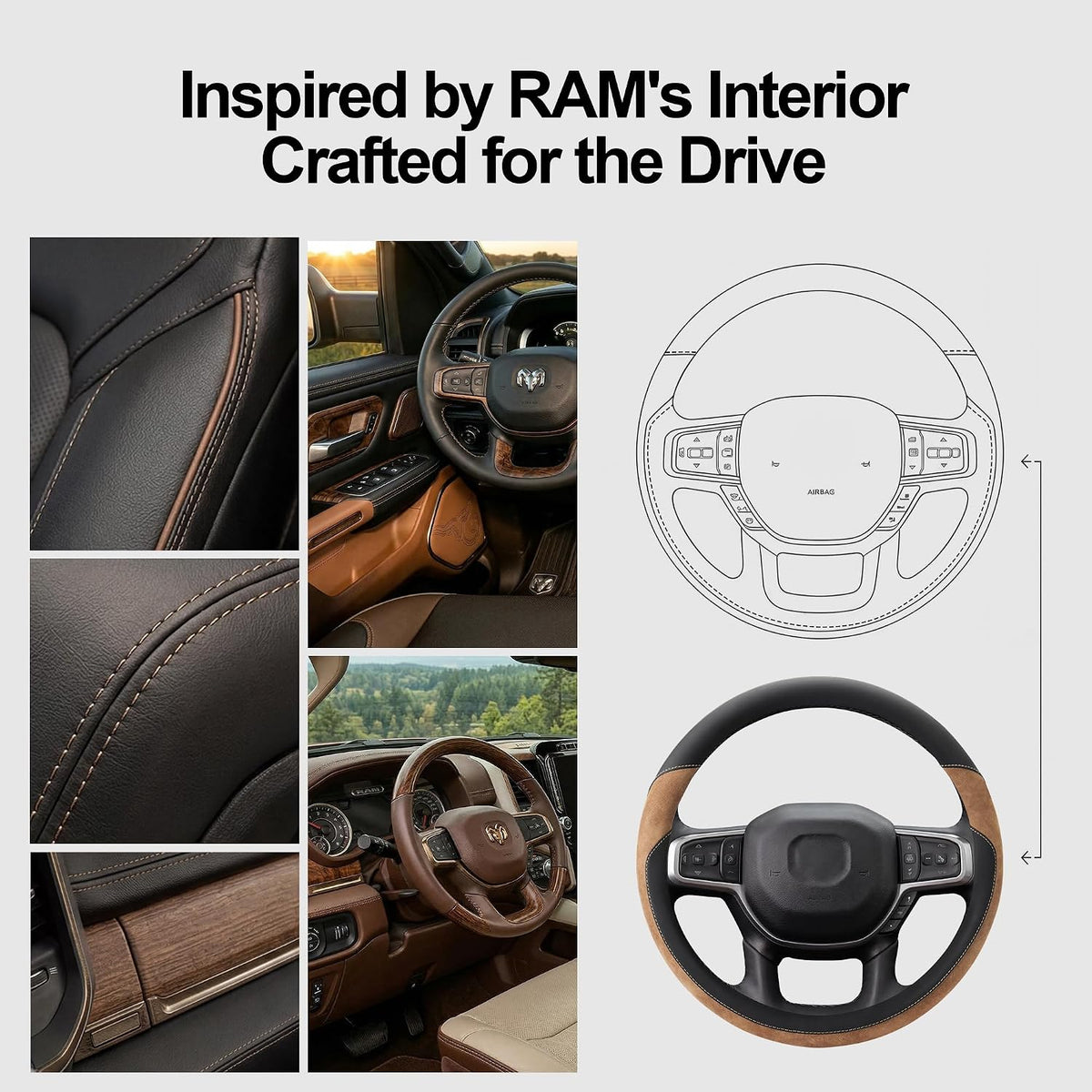 West Llama Customized Auto Car Steering Wheel Cover for Dodge RAM 1500 2500 3500, 15.5-16 inch (Dark Brown - Large Size)