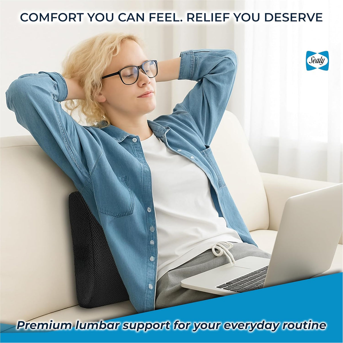 Sealy Lumbar Support Pillow for Office Chair and Car Seat - Lower Back Pain Relief, Memory Foam Lumbar Pillow & Back Brace Support Posture Corrector