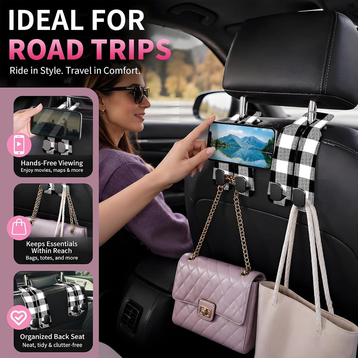 Car Seat Back Storage Hook, Funny Car Purse Hook, Cute Vehicle Storage Organizer for Purses Handbags Black White Plaid
